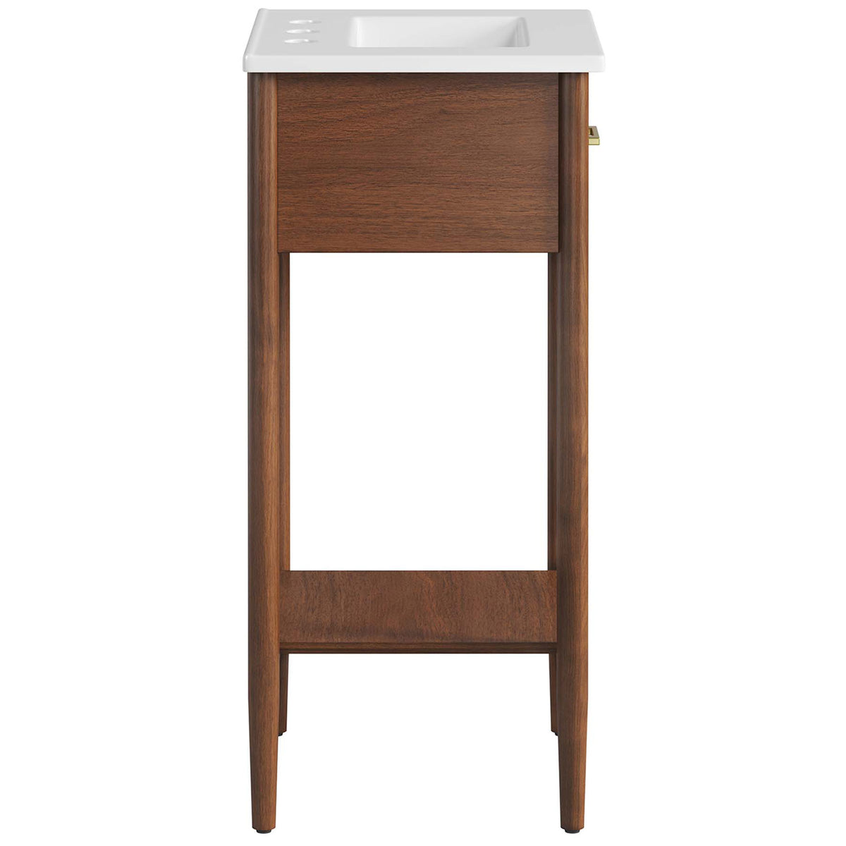 Slim profile vanity in walnut finish with integrated white sink and mid-century tapered legs || EEI-6658-WAL-WHI || side_studio