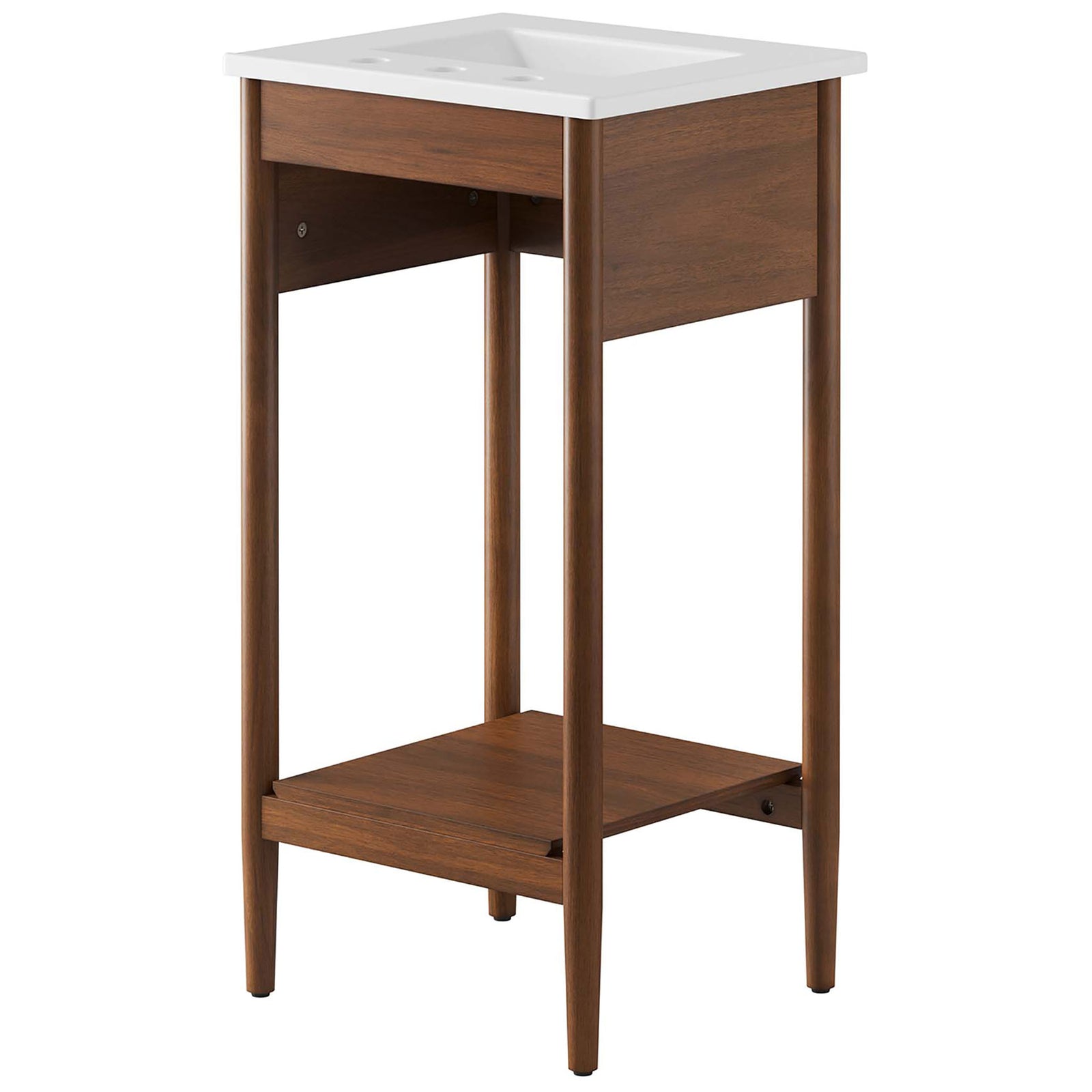 Open-back vanity design for easy plumbing access with wood grain finish and lower storage shelf || EEI-6658-WAL-WHI || back_angle_studio