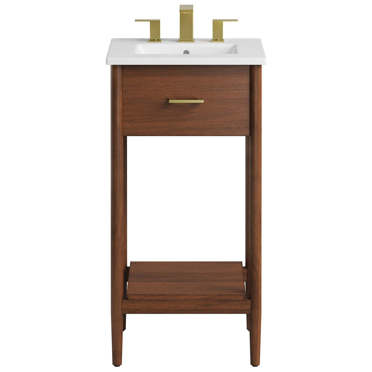 Clean-lined compact vanity with ceramic basin and brass faucet shown, fixed drawer, and open shelf || EEI-6658-WAL-WHI || front_studio