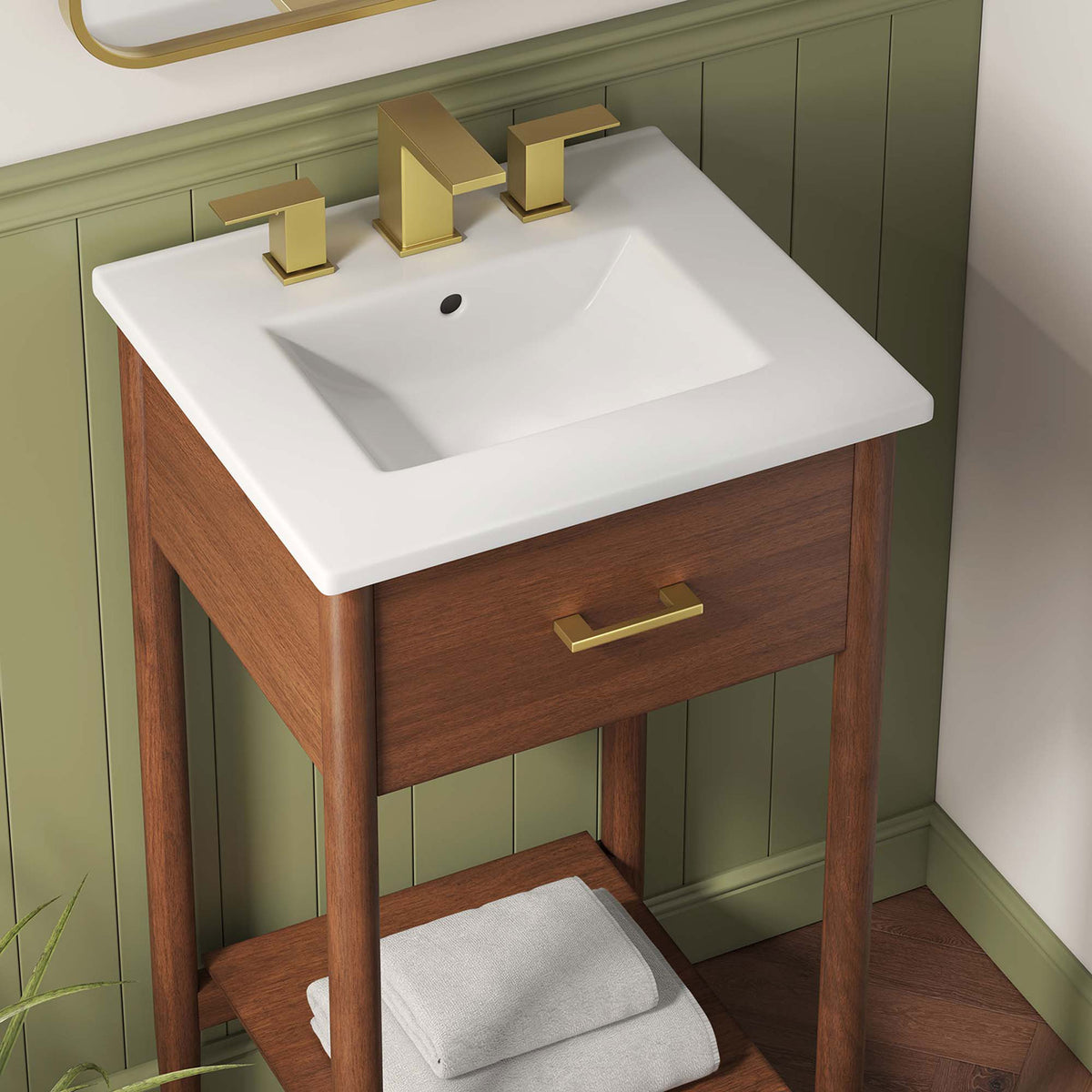 White ceramic basin with widespread faucet and gently rounded edges in a modern bathroom || EEI-6658-WAL-WHI || detail_room