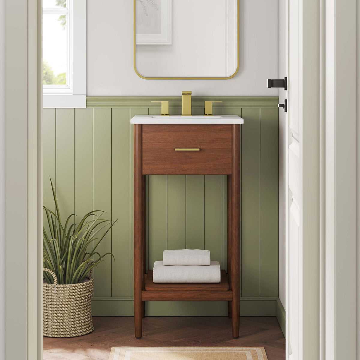 Space-saving walnut vanity with open shelf and white top styled in a cozy bathroom || EEI-6658-WAL-WHI || front_room