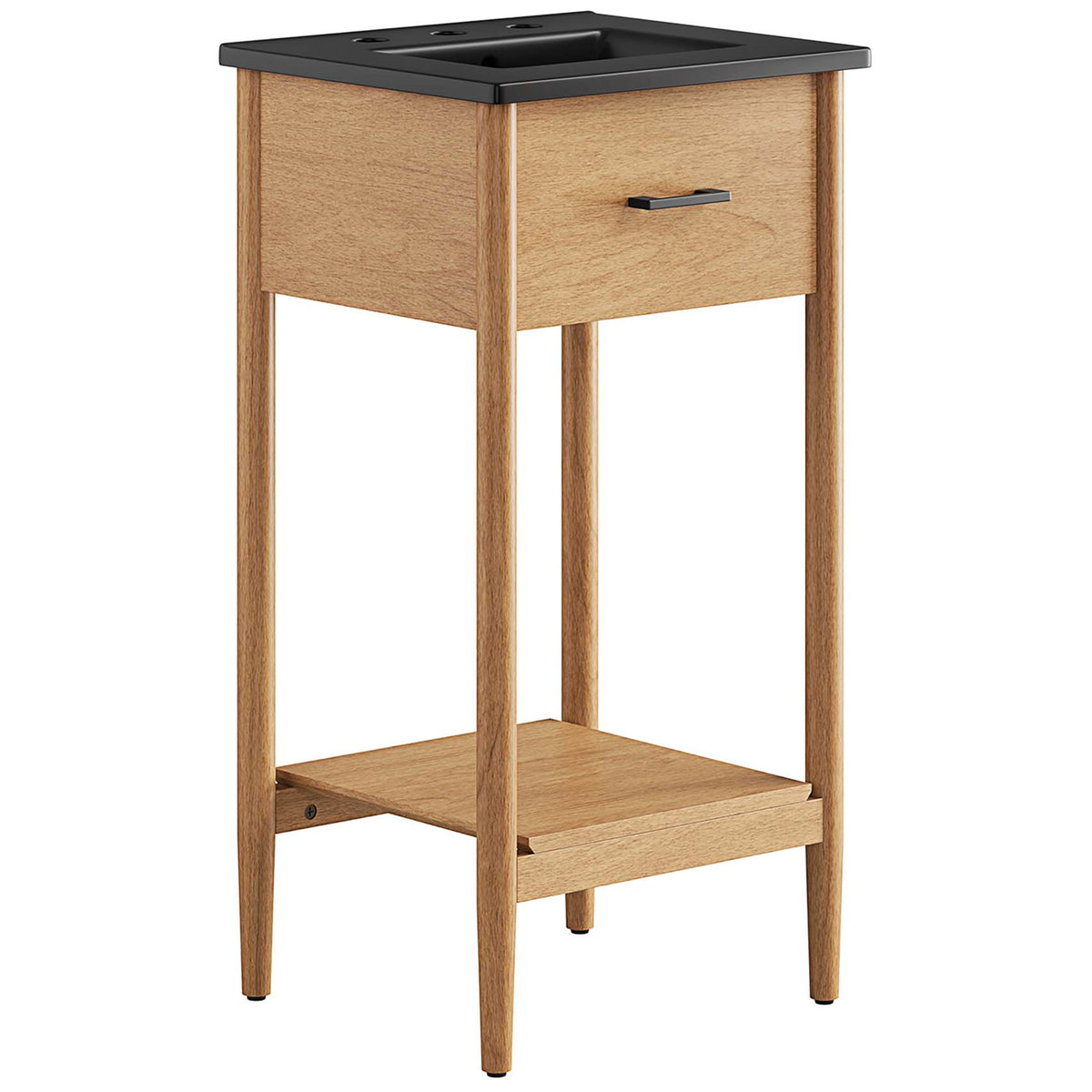 Compact natural wood vanity with black ceramic basin, fixed drawer, and open shelf on tapered legs. || EEI-6659-NAT-BLK || front_angle_studio