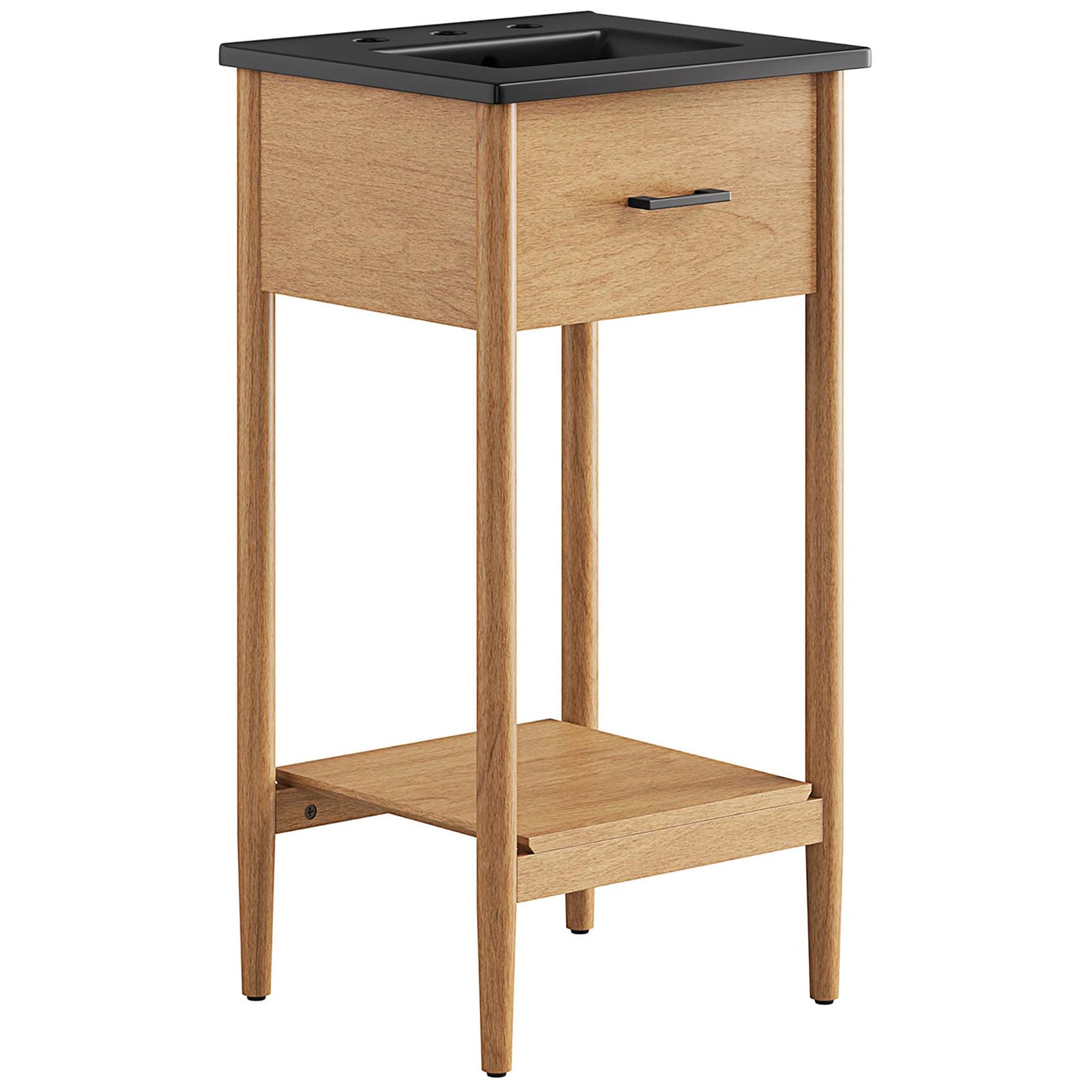 Compact natural wood vanity with black ceramic basin, fixed drawer, and open shelf on tapered legs. || EEI-6659-NAT-BLK || front_angle_studio