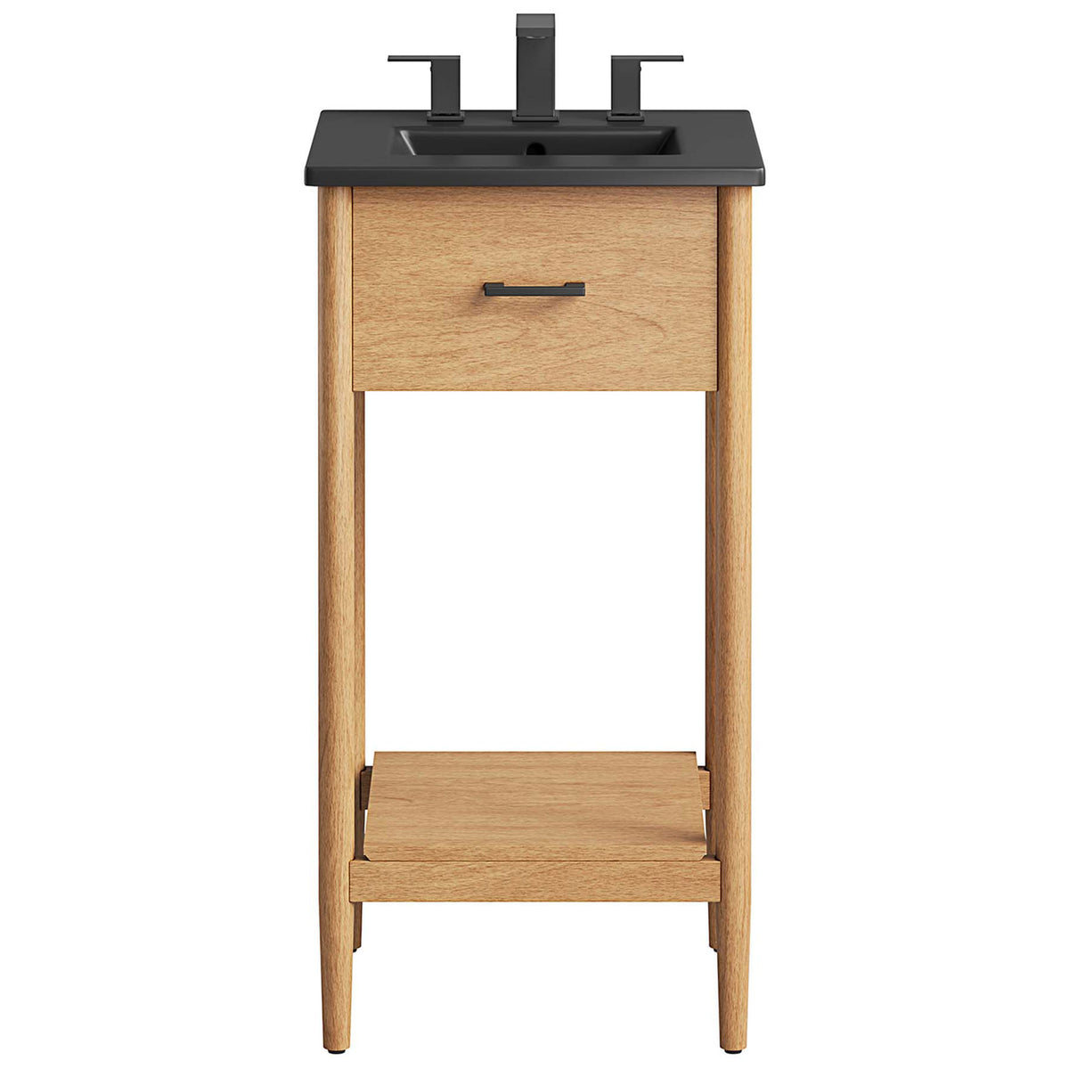 Modern vanity pairs a sleek black ceramic sink with warm wood grain and a streamlined metal handle. || EEI-6659-NAT-BLK || front_studio