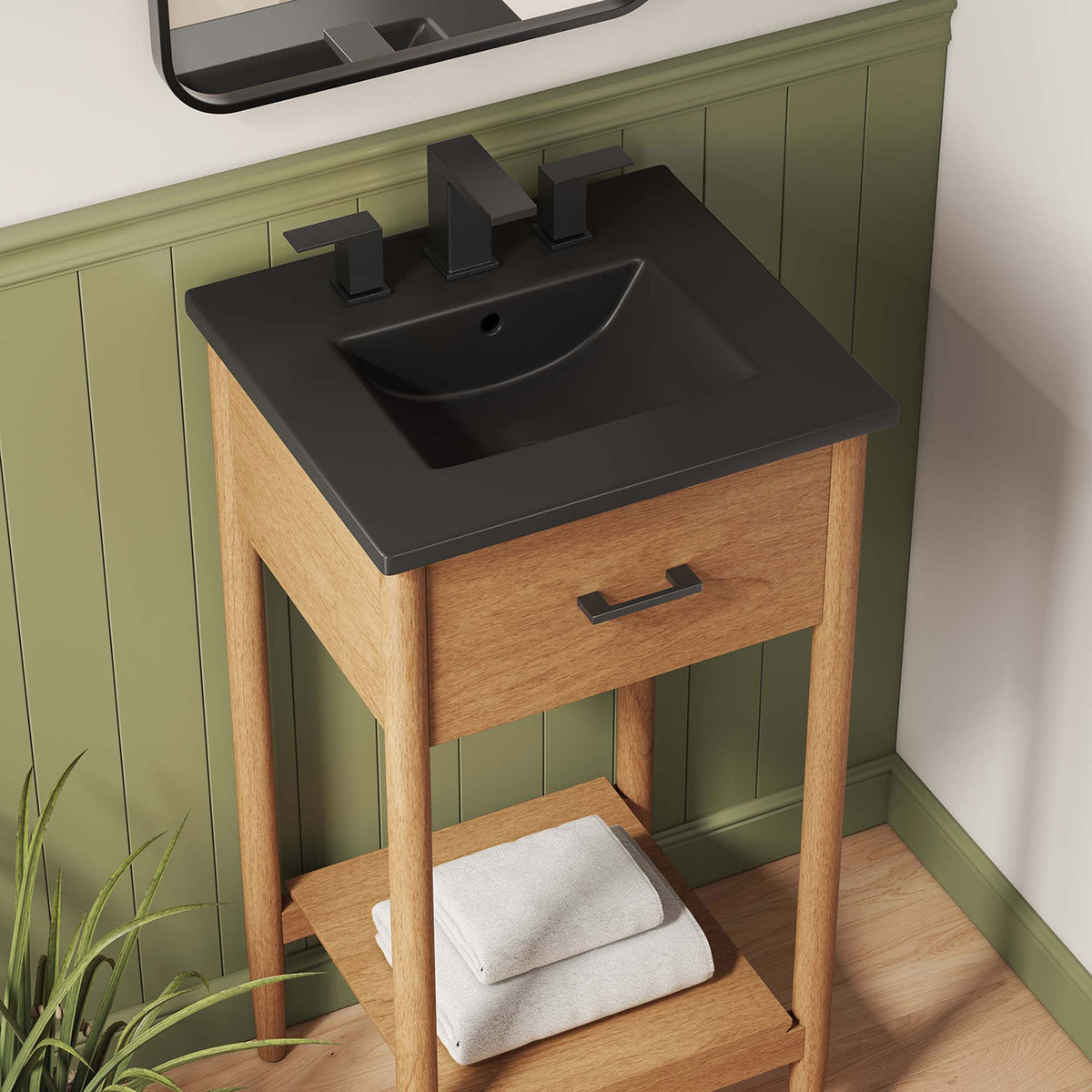 Lifestyle detail of the black ceramic basin and wood vanity with open storage shelf. || EEI-6659-NAT-BLK || detail_room