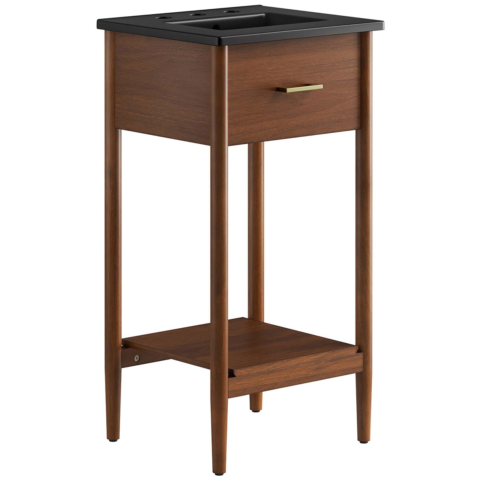 Compact walnut vanity with black ceramic basin, brass pull, and open shelf on tapered legs. || EEI-6659-WAL-BLK || front_angle_studio