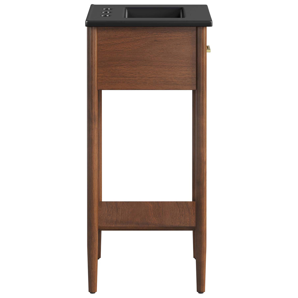 Sleek side profile in warm walnut with black basin, open lower shelf, and tapered legs. || EEI-6659-WAL-BLK || side_studio