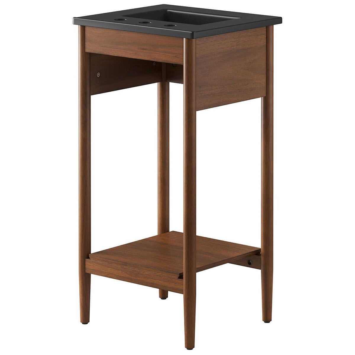 Minimalist frame shows rich wood grain, integrated black basin, and airy shelf for towels. || EEI-6659-WAL-BLK || back_angle_studio