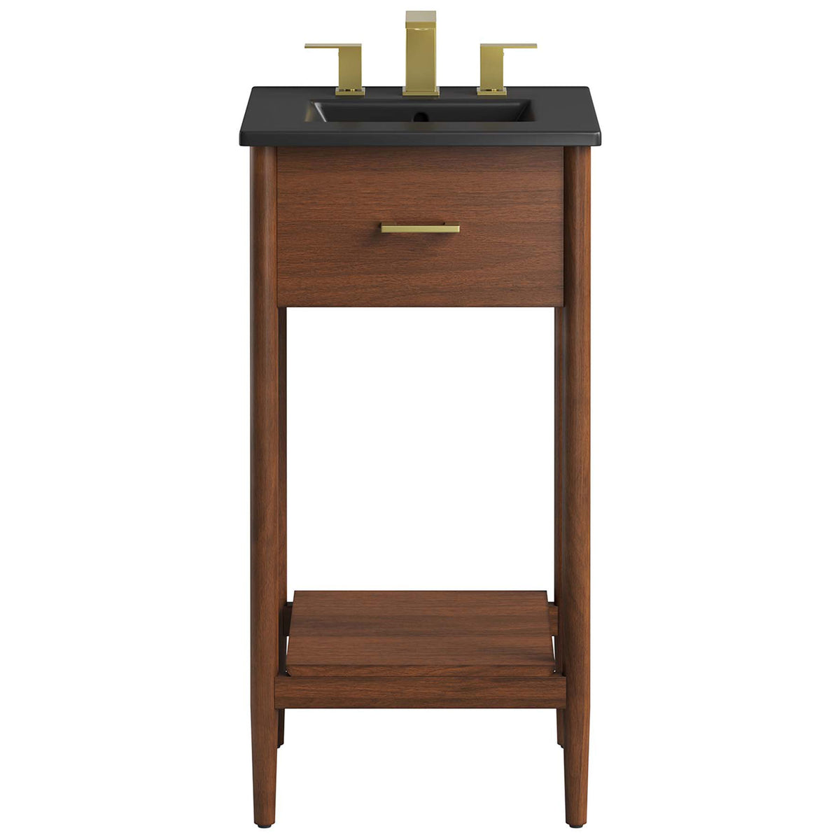 Walnut vanity with black ceramic basin and brushed brass handle, perfect for modern baths. || EEI-6659-WAL-BLK || front_studio