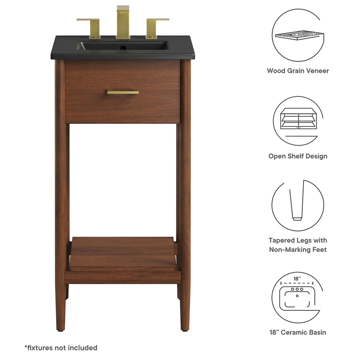 Key features include wood grain veneer, open shelf, tapered legs, and a compact ceramic basin. || EEI-6659-WAL-BLK || callout_studio