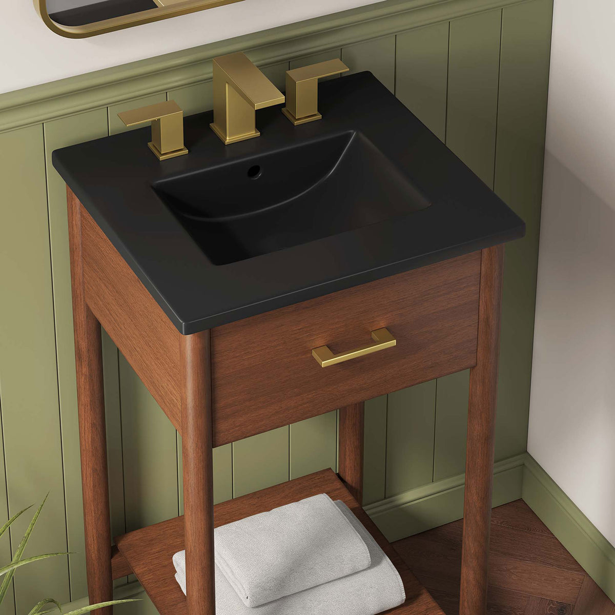 Black basin and walnut finish create a striking contrast with a convenient brass pull within easy reach. || EEI-6659-WAL-BLK || detail_room