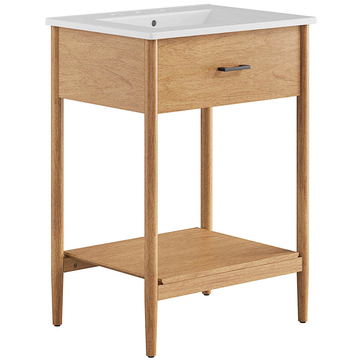 Wide vanity with a white ceramic basin, natural wood grain front, and open lower shelf. || EEI-6660-NAT-WHI || front_angle_studio