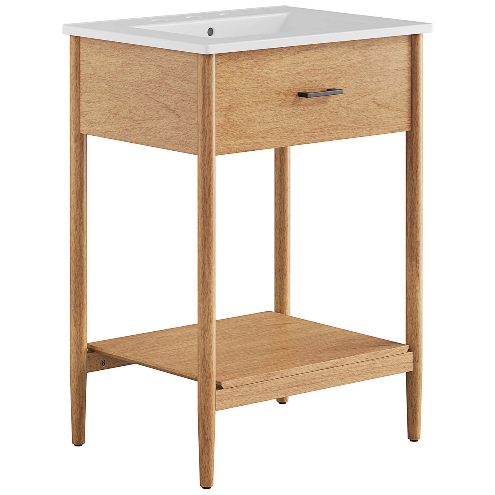 Wide vanity with a white ceramic basin, natural wood grain front, and open lower shelf. || EEI-6660-NAT-WHI || front_angle_studio
