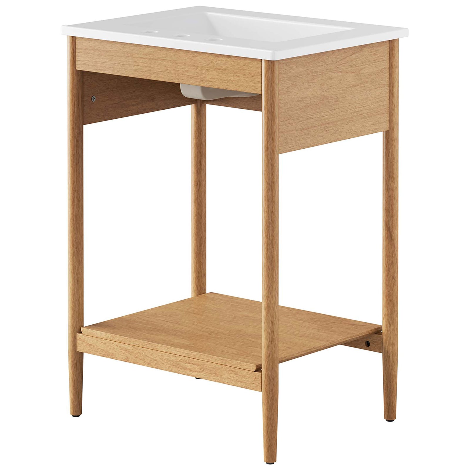 Open-back frame simplifies plumbing access and adds airy, modern appeal. || EEI-6660-NAT-WHI || back_angle_studio