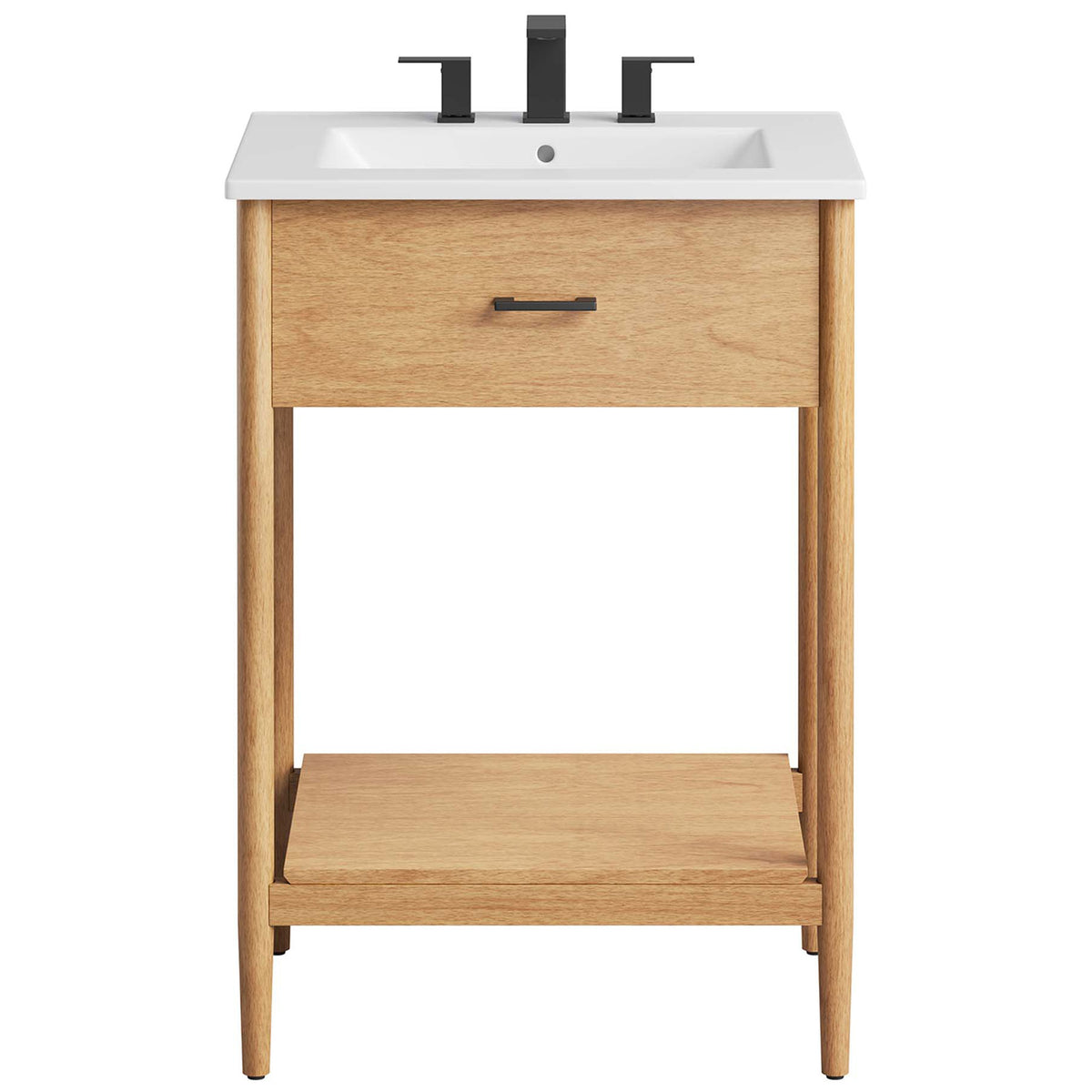 Streamlined vanity blends a bright basin, black pull, and spacious shelf for everyday essentials. || EEI-6660-NAT-WHI || front_studio