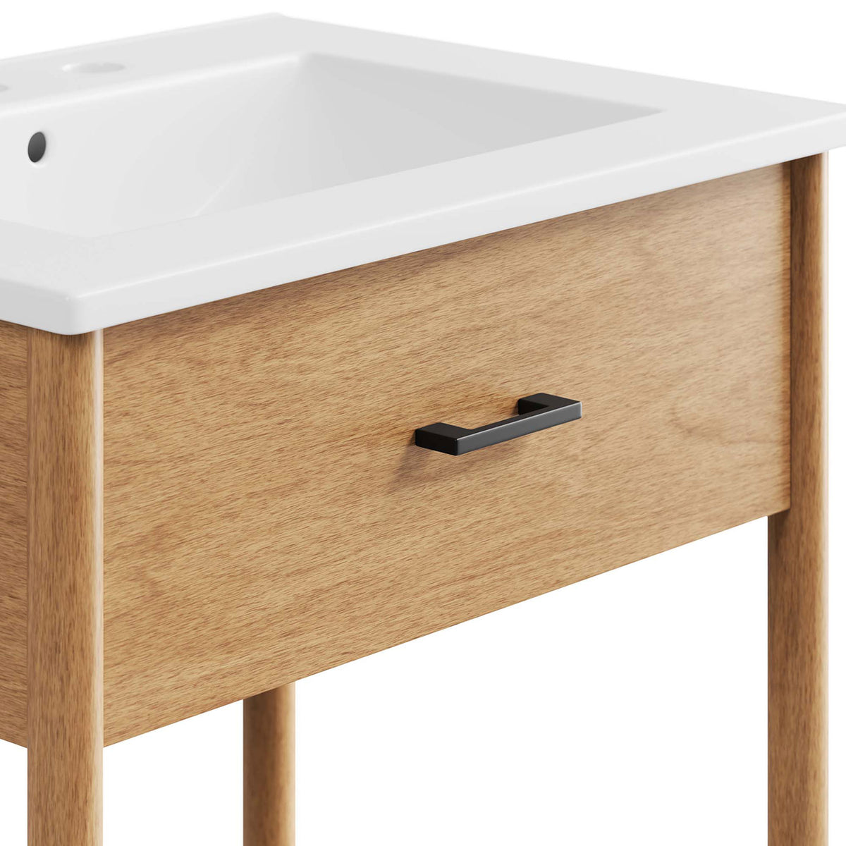 Wood grain front with a matte black handle meets the crisp edge of the ceramic top. || EEI-6660-NAT-WHI || detail_studio
