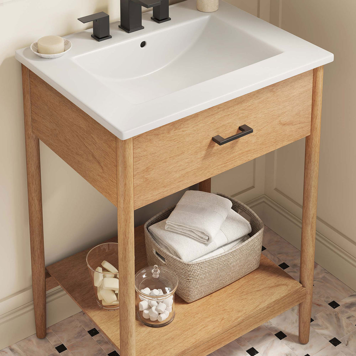 Ceramic basin and black hardware pop against the natural wood, styled for everyday use. || EEI-6660-NAT-WHI || detail_room