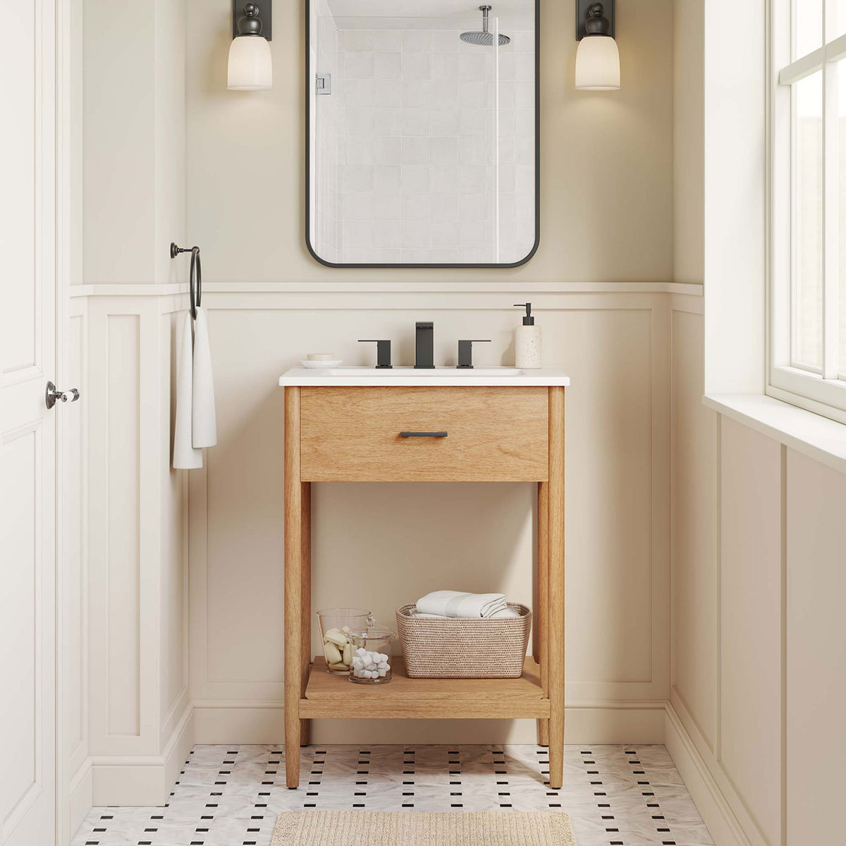 Warm wood vanity anchors the bath with a crisp white top and handy open shelf storage. || EEI-6660-NAT-WHI || front_room