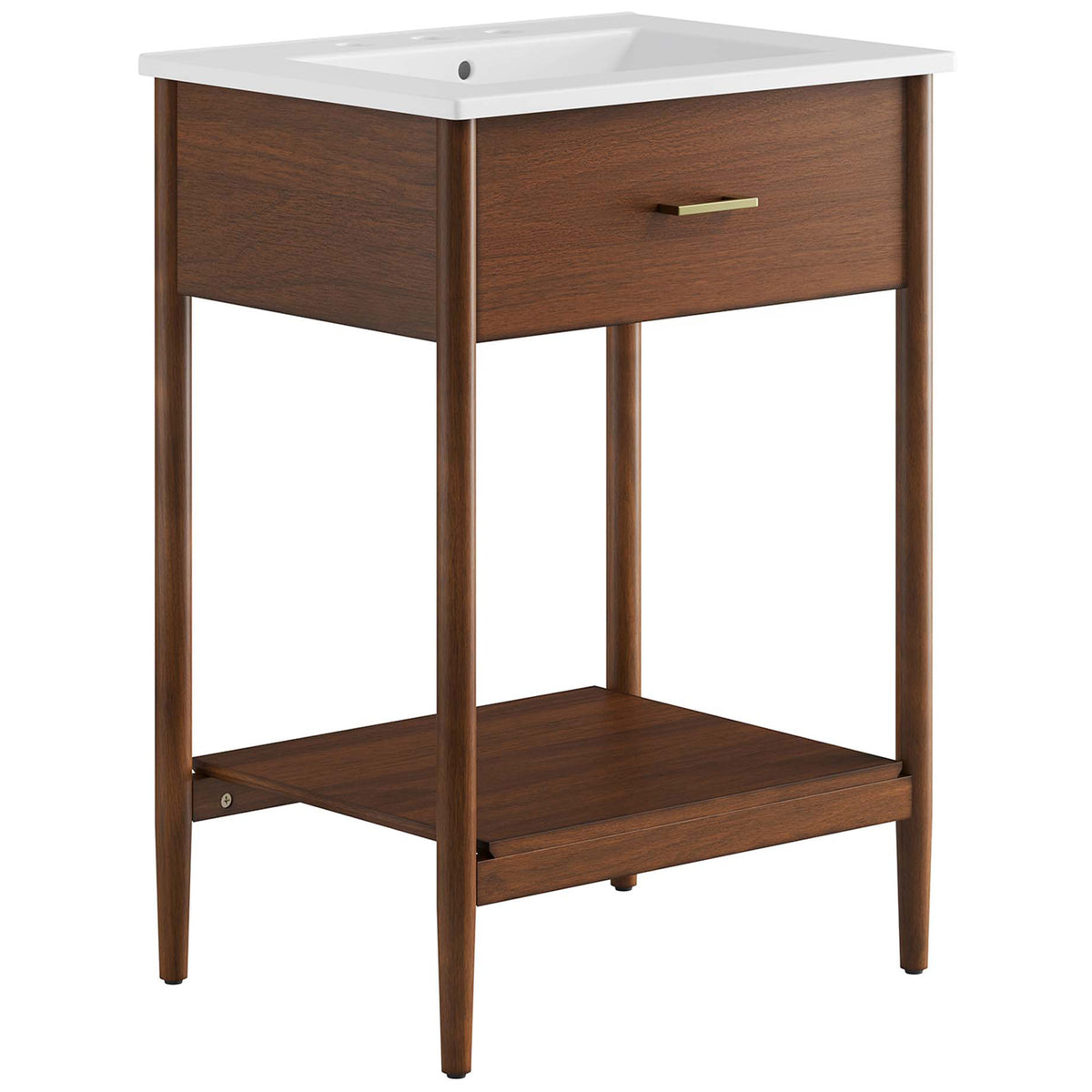 Wide walnut vanity with white ceramic top, brass-tone handle, and open shelf on tapered legs || EEI-6660-WAL-WHI || front_angle_studio