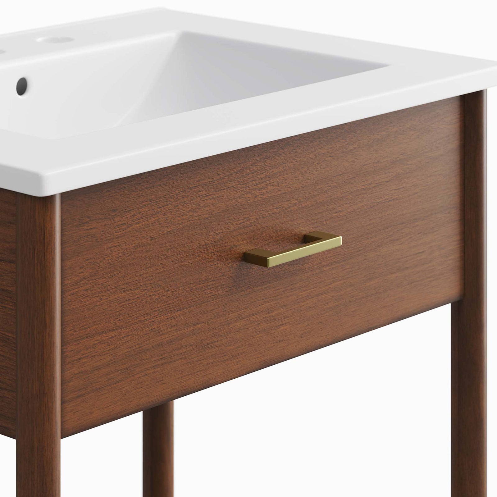 Brushed brass pull adds a refined accent to the warm walnut drawer front || EEI-6660-WAL-WHI || handle_studio