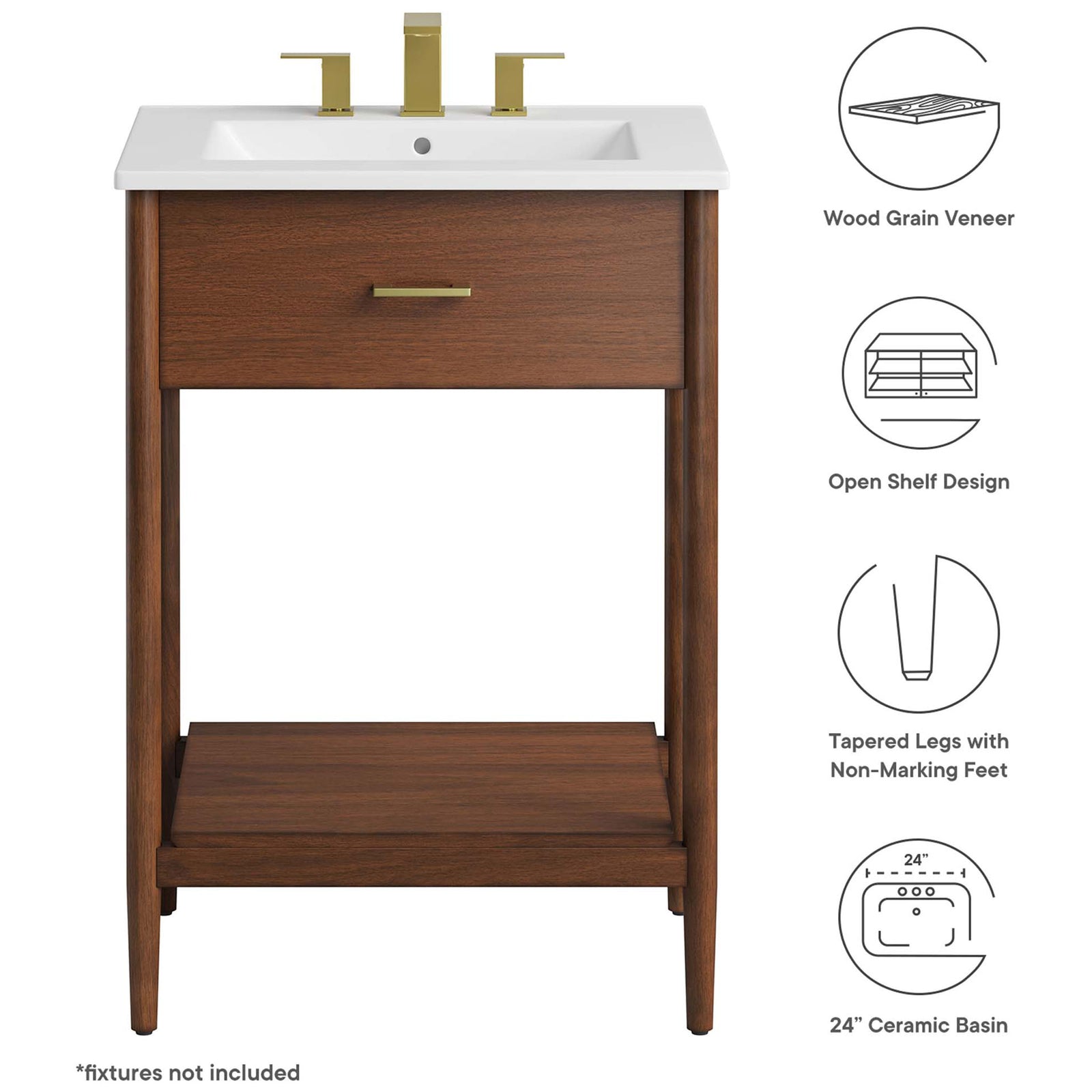 Feature callouts: wood veneer, open shelf design, tapered legs with non-marking feet, ceramic basin || EEI-6660-WAL-WHI || callout_studio