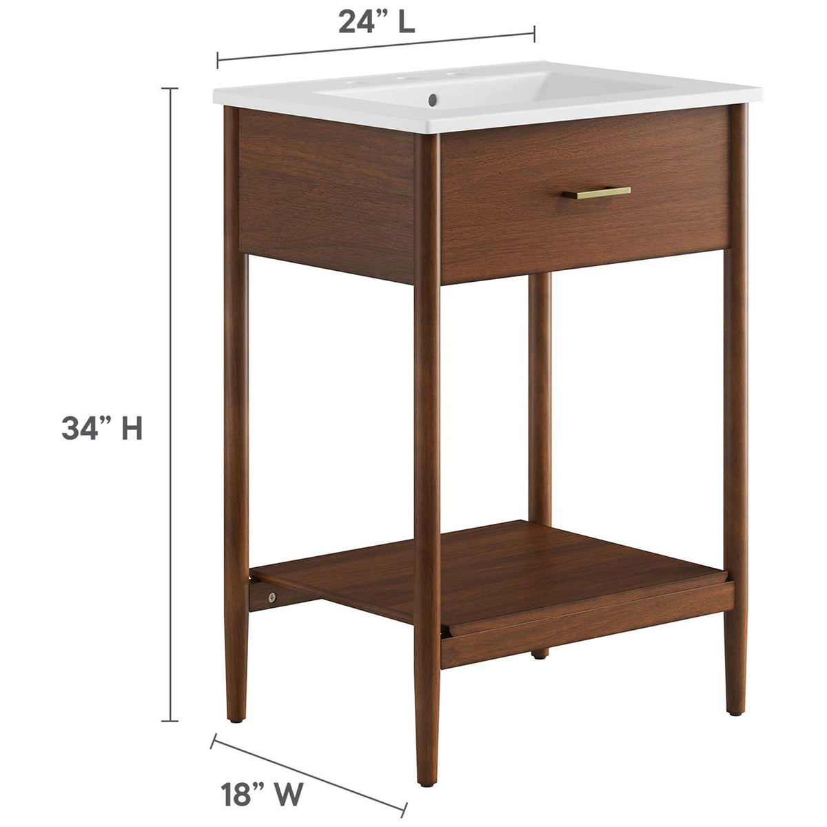Size details displayed with 24 inch length, 18 inch width, and 34 inch height || EEI-6660-WAL-WHI || dimension_studio