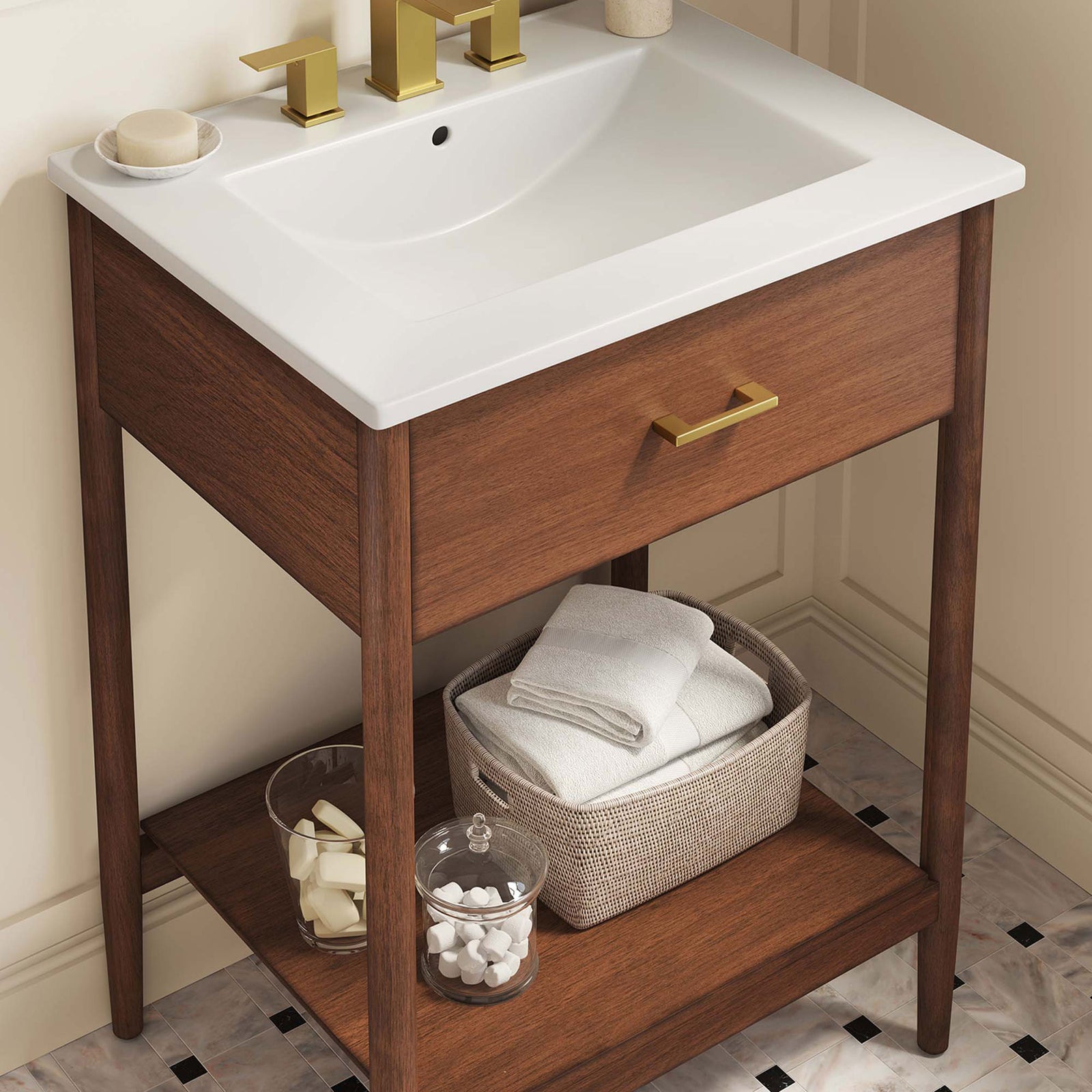 Spacious ceramic sink with gentle slope and brass widespread faucet in a styled bath || EEI-6660-WAL-WHI || detail_room