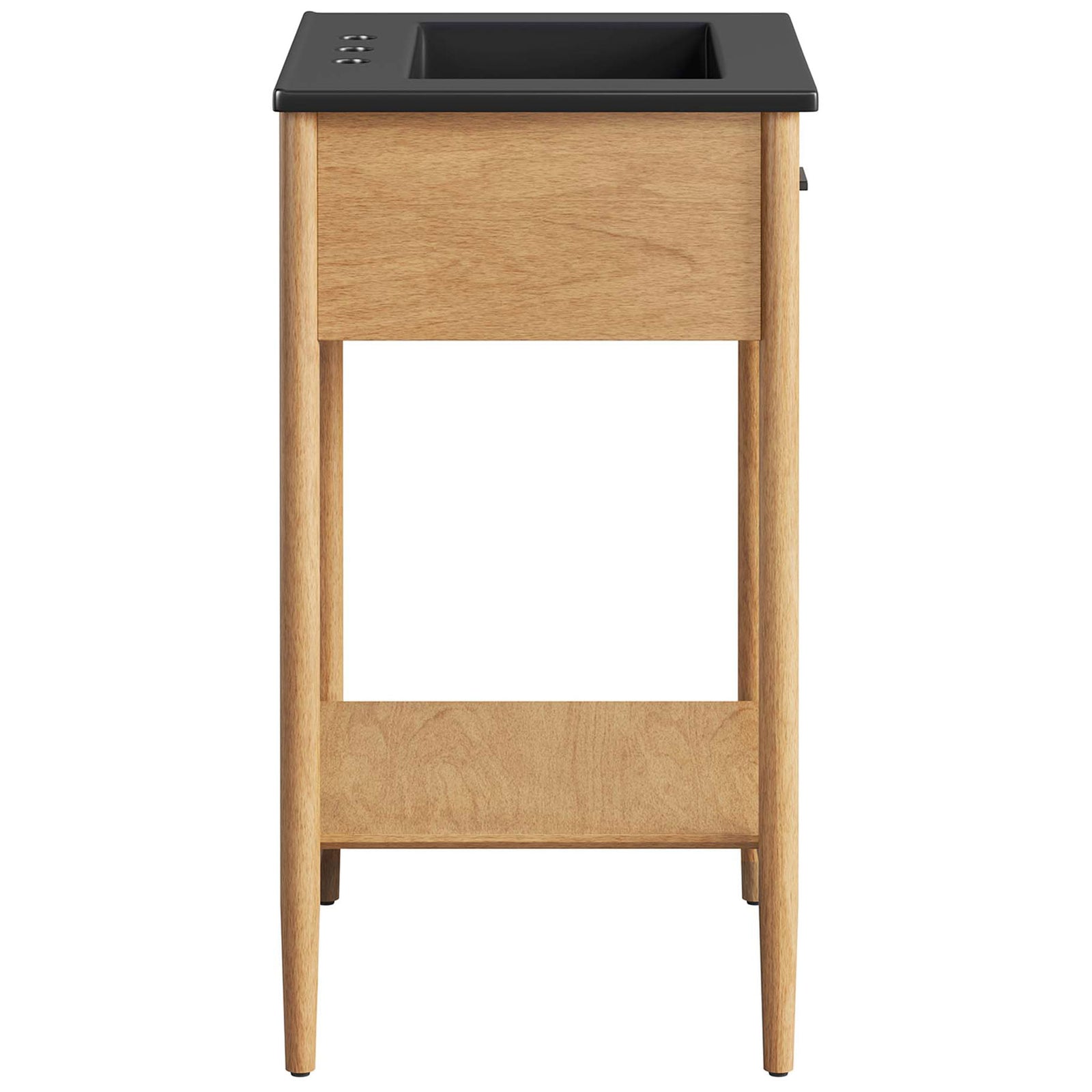 Side view emphasizes the slim silhouette and refined wood grain beneath the black countertop. || EEI-6661-NAT-BLK || side_studio