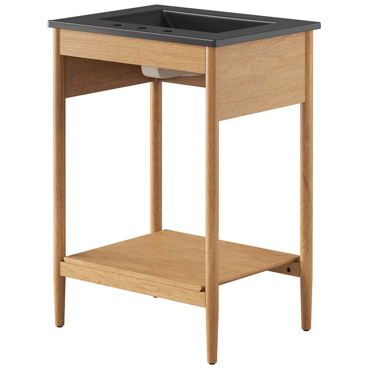 Open back offers easy plumbing access and showcases the sturdy shelf and tapered legs. || EEI-6661-NAT-BLK || back_angle_studio