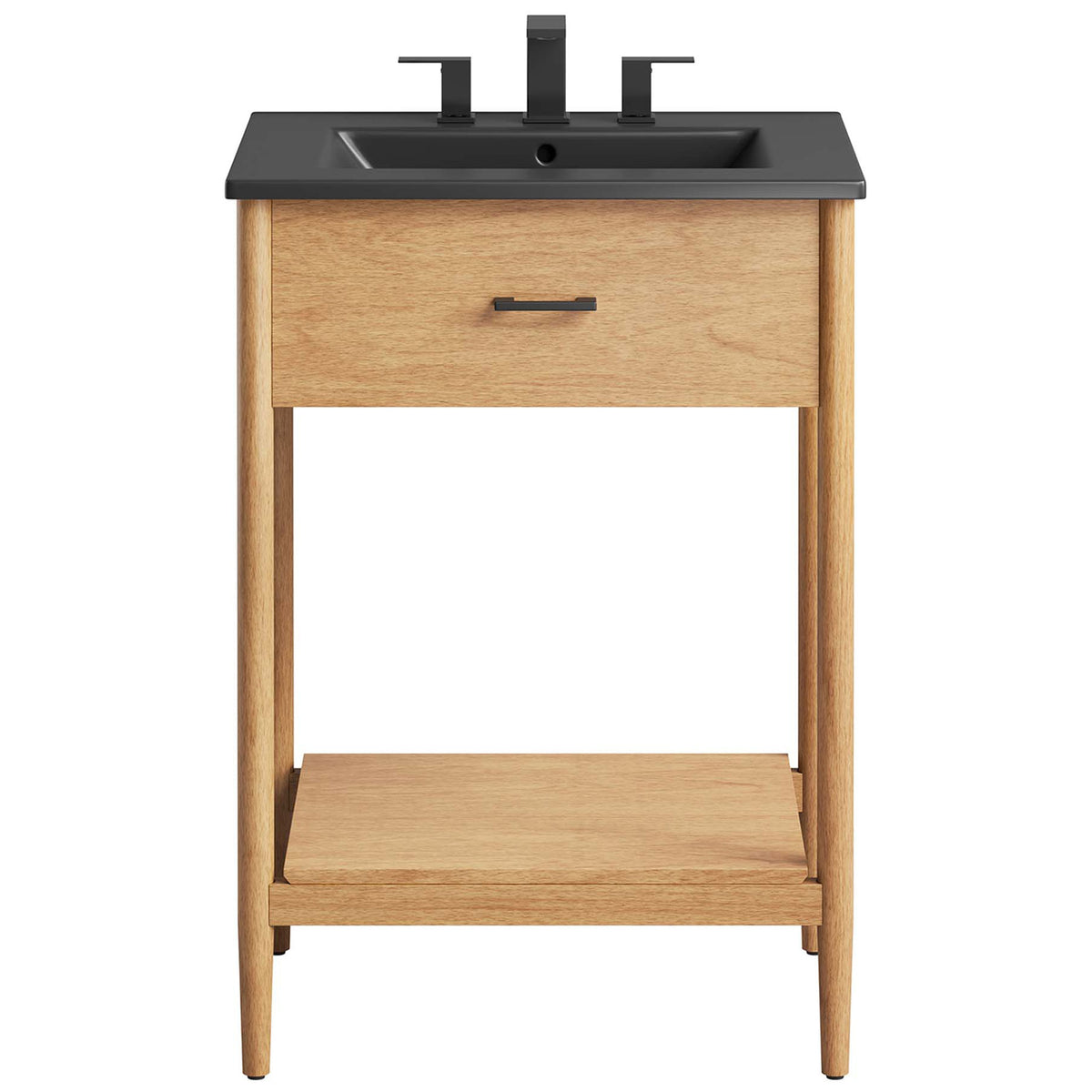 Balanced design blends a black ceramic sink with warm wood tones and a minimalist pull handle. || EEI-6661-NAT-BLK || front_studio