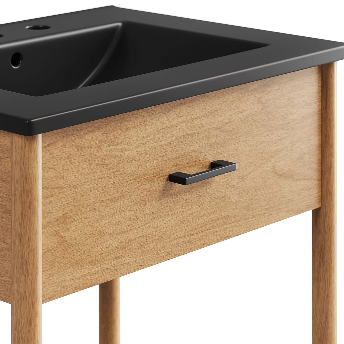 Close-up of the sleek handle and black ceramic sink rim against natural wood grain. || EEI-6661-NAT-BLK || detail_studio