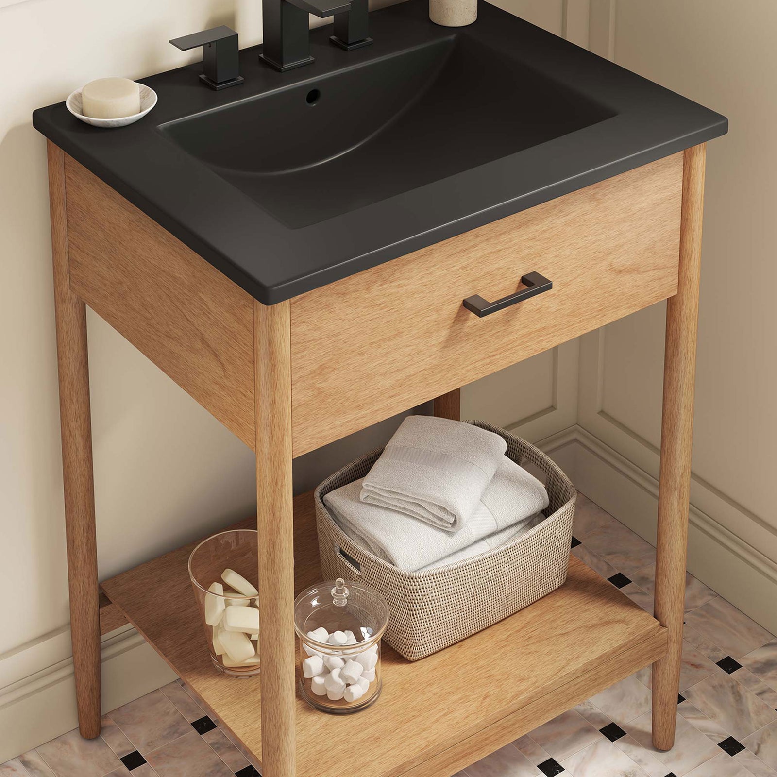 Lifestyle detail shows the larger basin and open storage for towels and bath essentials. || EEI-6661-NAT-BLK || detail_room