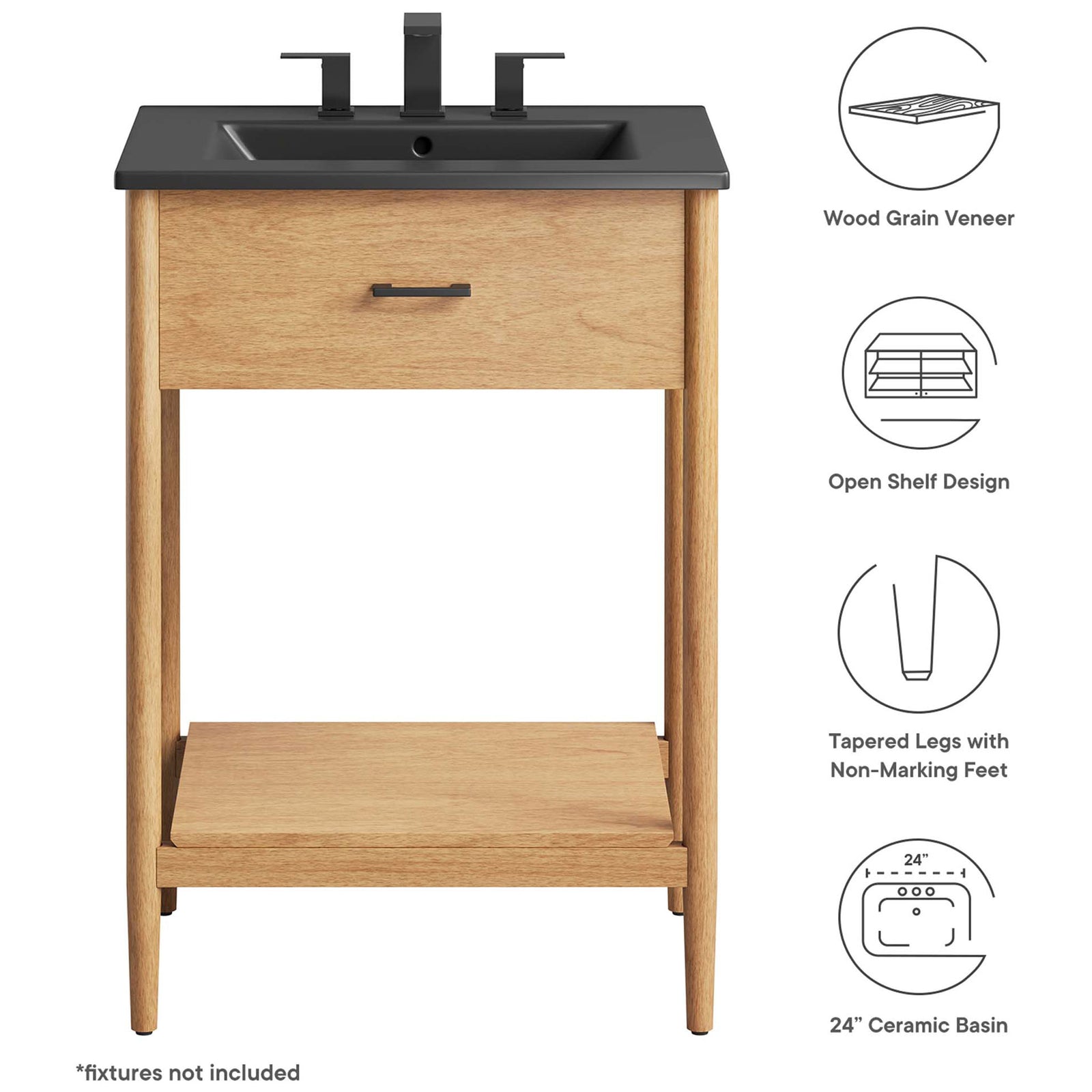 Key features include wood grain veneer, open shelf design, tapered legs, and a 24 inch ceramic basin. || EEI-6661-NAT-BLK || callout_studio