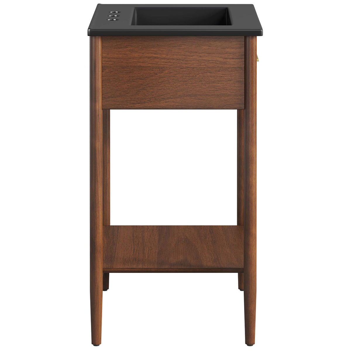 Sturdy walnut frame with tapered legs and a spacious lower shelf for baskets or towels. || EEI-6661-WAL-BLK || side_studio