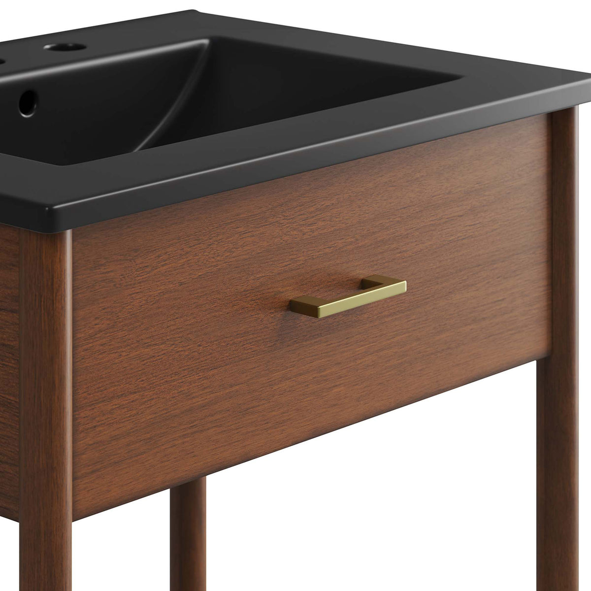Sleek brass handle stands out against the smooth walnut finish. || EEI-6661-WAL-BLK || handle_studio