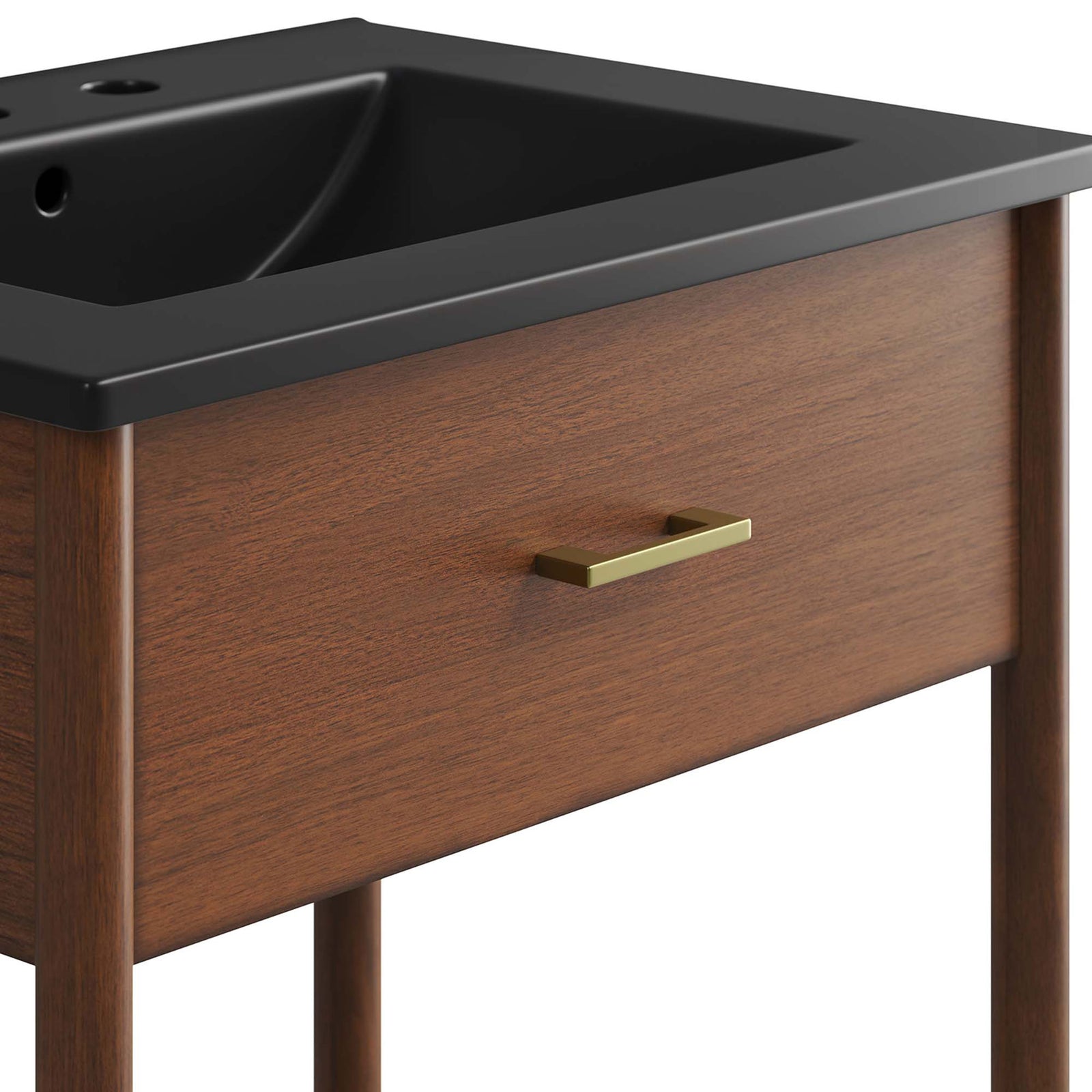 Sleek brass handle stands out against the smooth walnut finish. || EEI-6661-WAL-BLK || handle_studio
