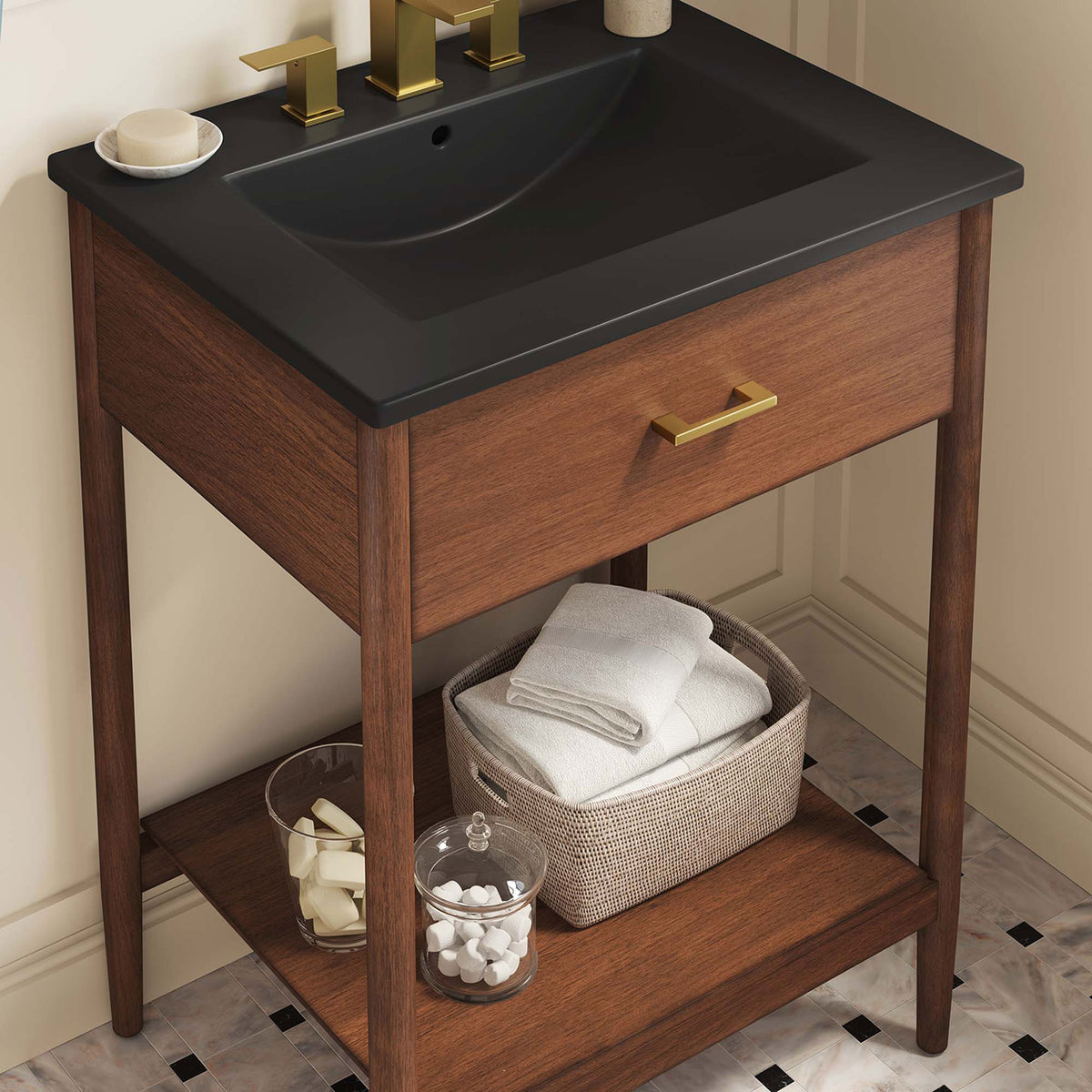 Generous basin and warm walnut shelf keep essentials close while adding modern style. || EEI-6661-WAL-BLK || detail_room