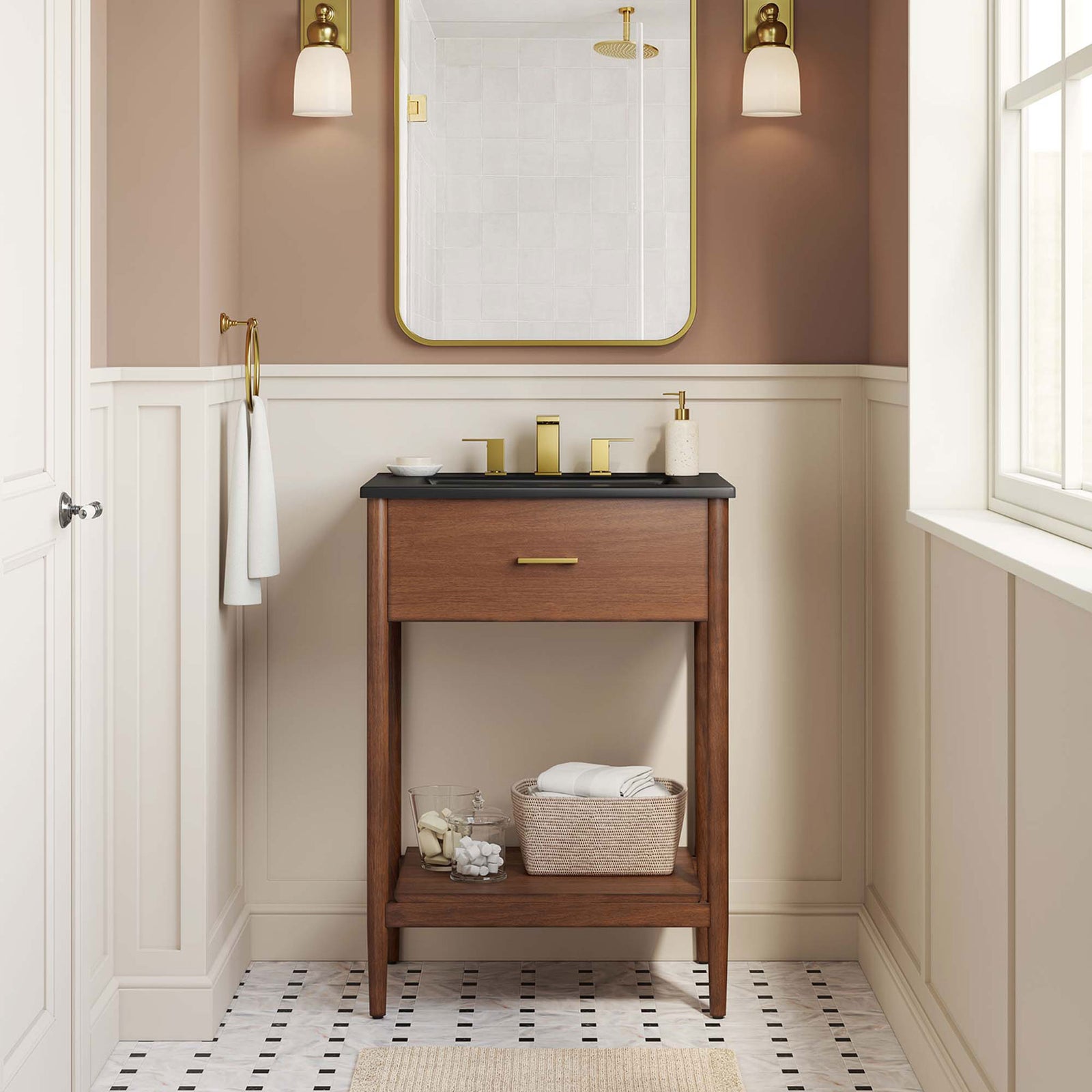 Modern walnut vanity with black basin and brass accents completes the bath with warm character. || EEI-6661-WAL-BLK || front_room