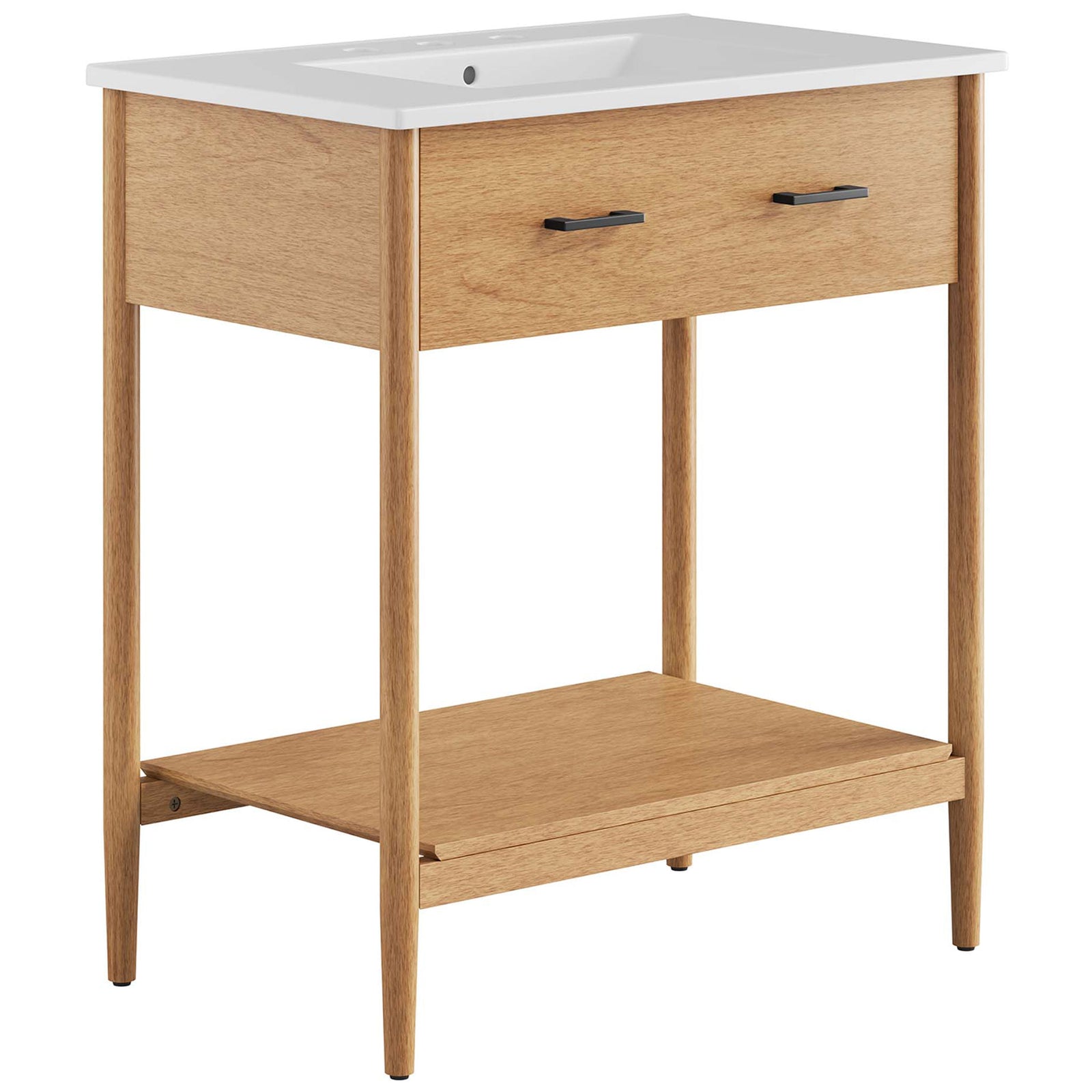Natural wood vanity with white ceramic top, black pulls, and an open shelf for towels. || EEI-6662-NAT-WHI || front_angle_studio