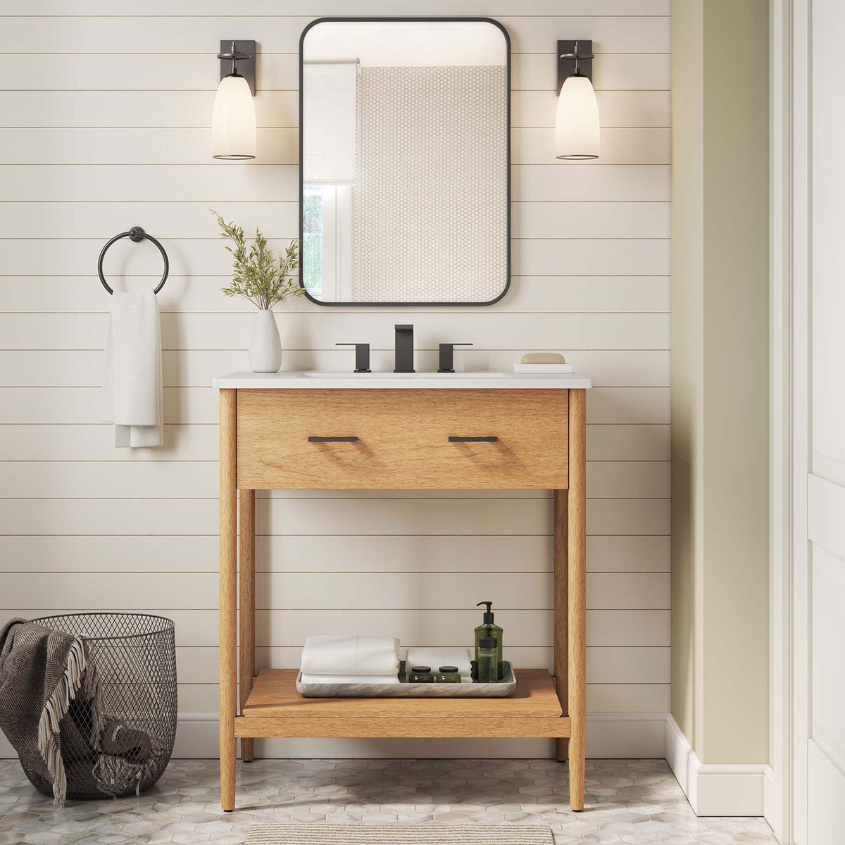 Warm wood vanity styled in a bath with open shelf storage and matte black pulls. || EEI-6662-NAT-WHI || front_room
