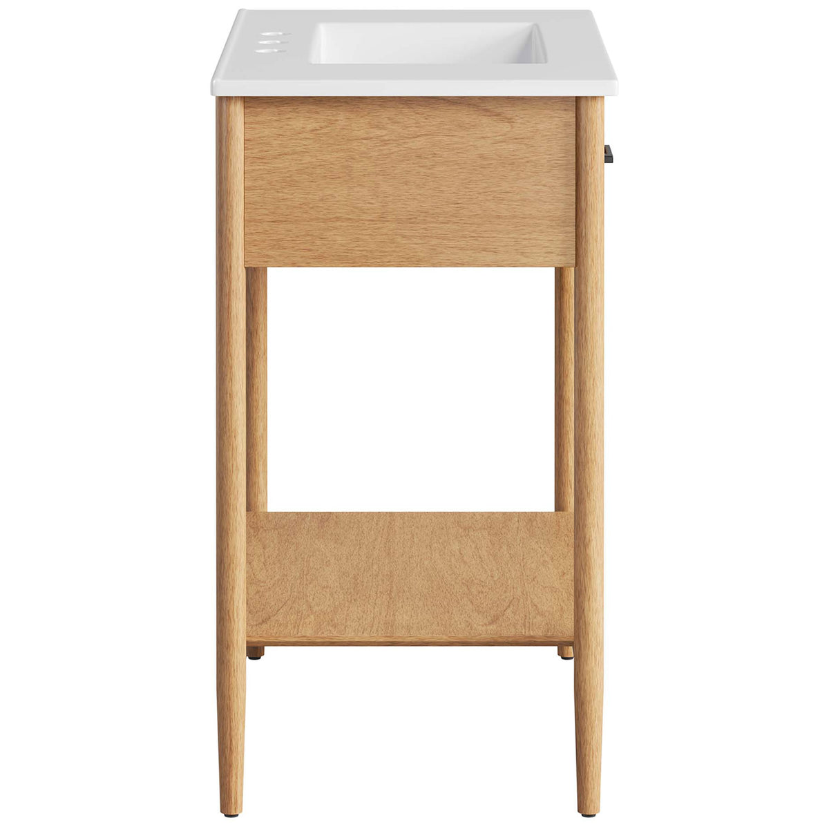 Slim profile vanity with tapered legs and a clean ceramic countertop. || EEI-6662-NAT-WHI || side_studio