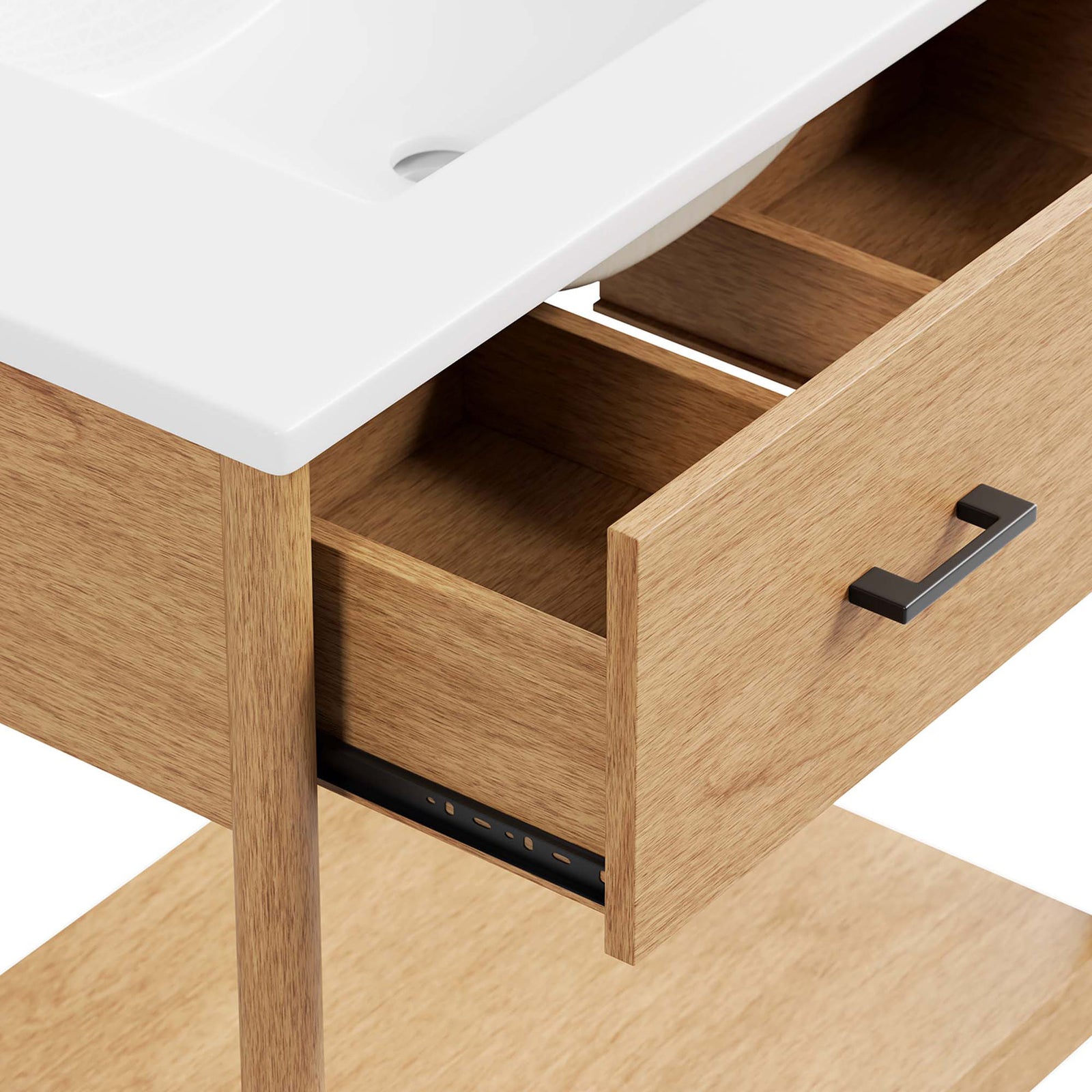Divided drawer interior with metal glides beneath the ceramic basin. || EEI-6662-NAT-WHI || detail_studio