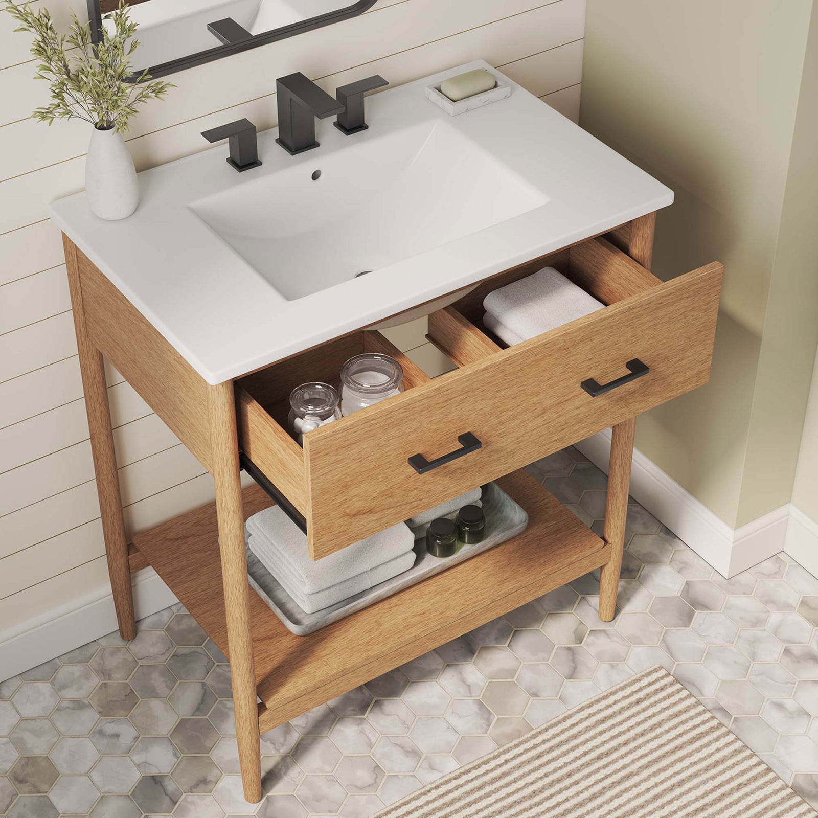 Spacious ceramic basin with room for essentials and organized open-shelf storage. || EEI-6662-NAT-WHI || top_room
