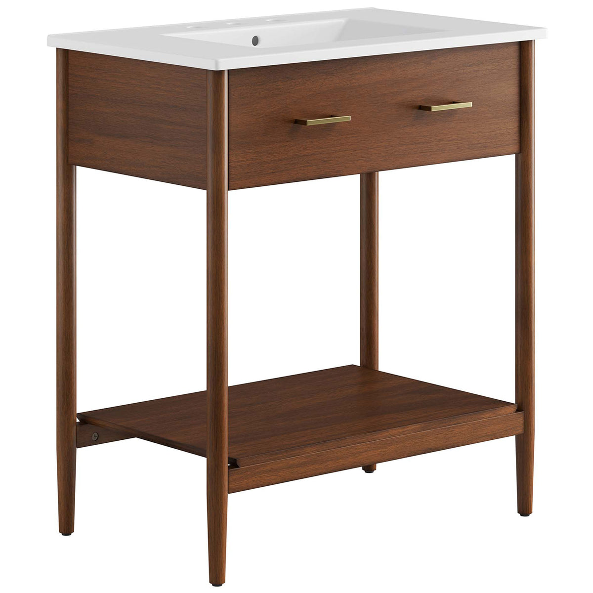 Walnut vanity with white ceramic basin, brass pulls, and open shelf brings warm mid-century style. || EEI-6662-WAL-WHI || front_angle_studio