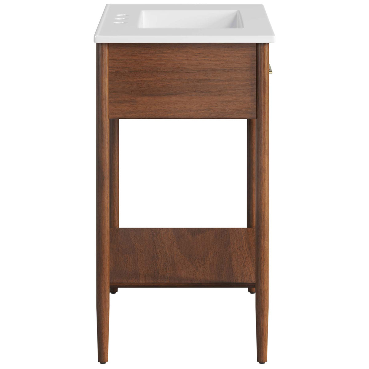 Slim profile showcases tapered legs, rich walnut grain, and integrated white sink. || EEI-6662-WAL-WHI || side_studio