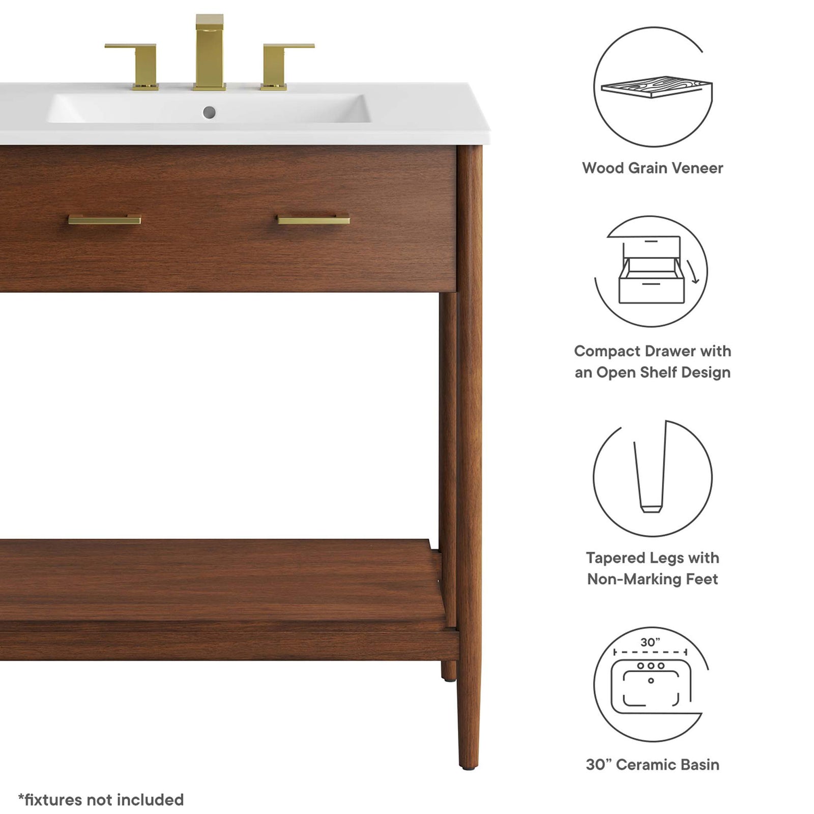 Feature highlights: wood grain veneer, compact drawer with open shelf design, tapered legs, 30 inch ceramic basin. || EEI-6662-WAL-WHI || callout_studio