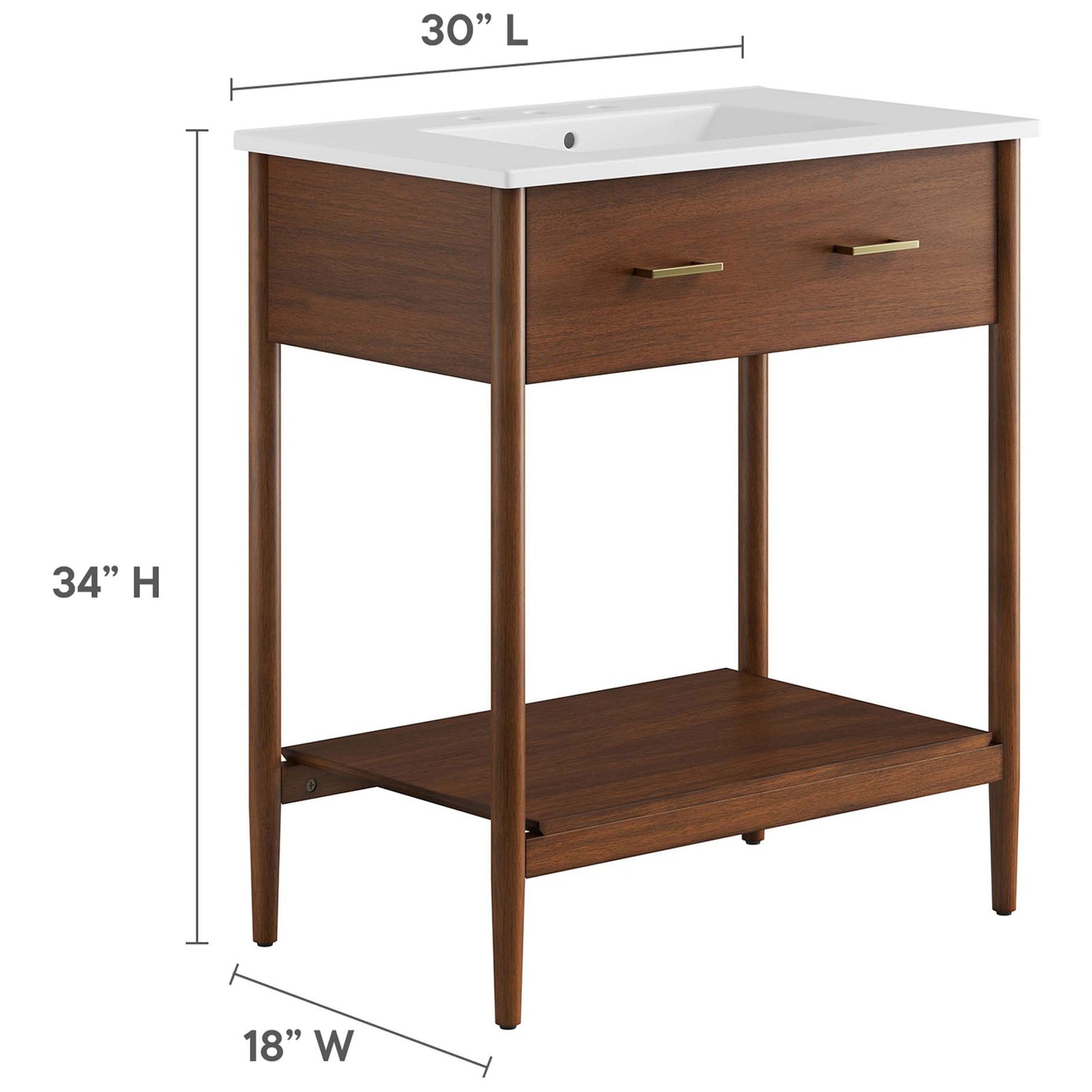 Dimensions for 30 inch vanity: 30 in L x 18 in W x 34 in H. || EEI-6662-WAL-WHI || dimension_studio