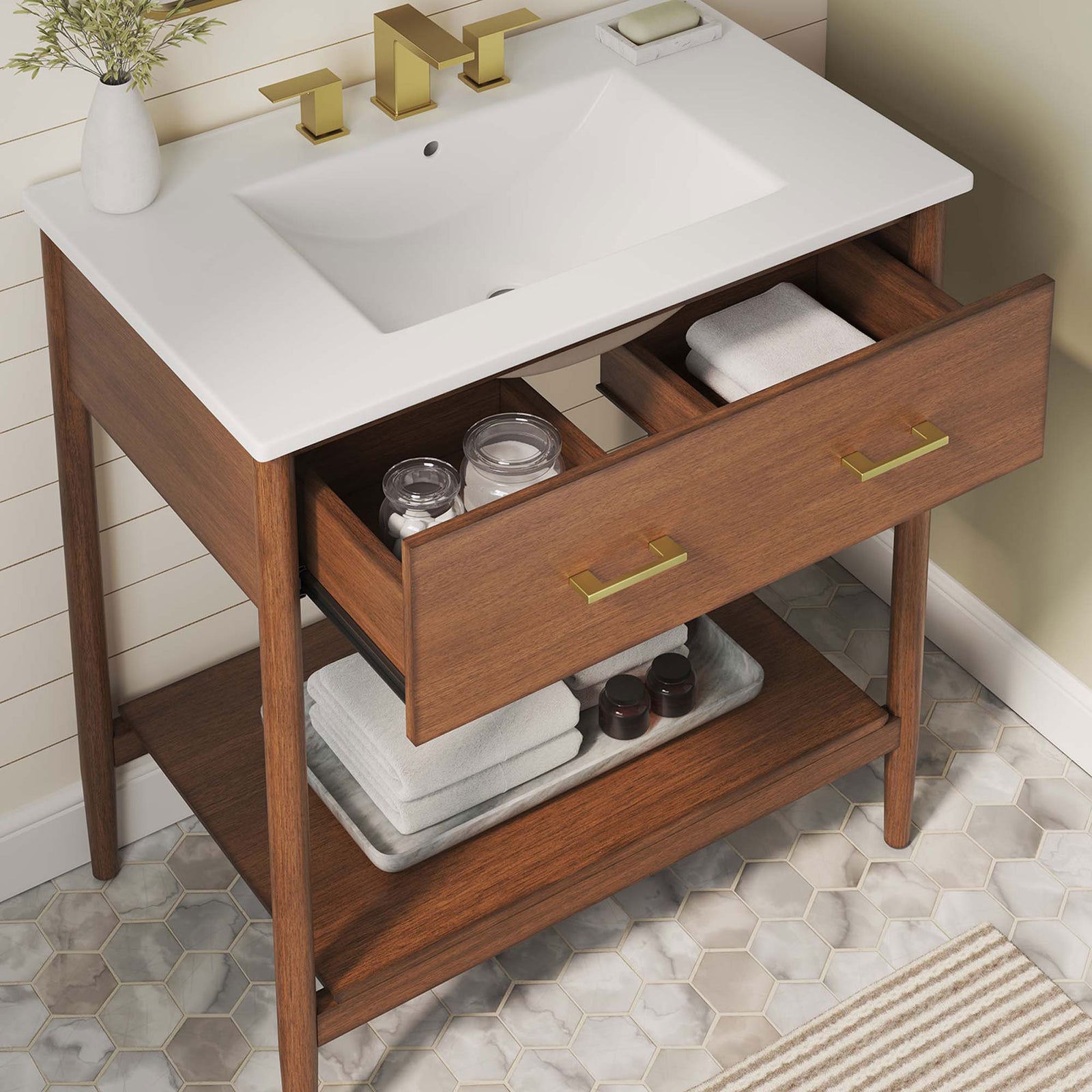 Drawer dividers keep essentials tidy while the open shelf stores towels in a styled bath. || EEI-6662-WAL-WHI || storage_open_room