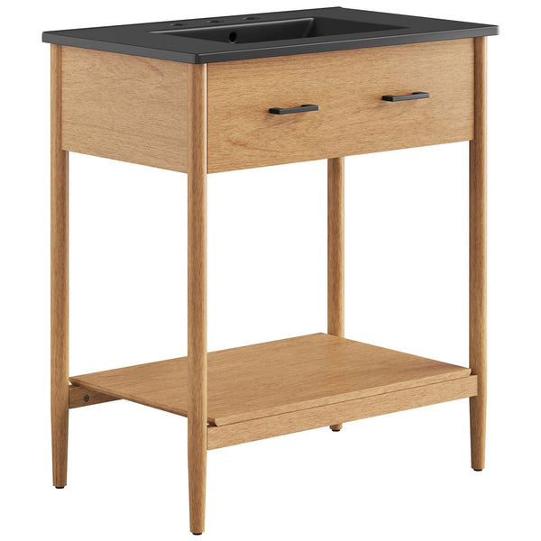 Natural wood vanity with black ceramic basin, slim pulls, and open shelf on tapered legs || EEI-6663-NAT-BLK || front_angle_studio