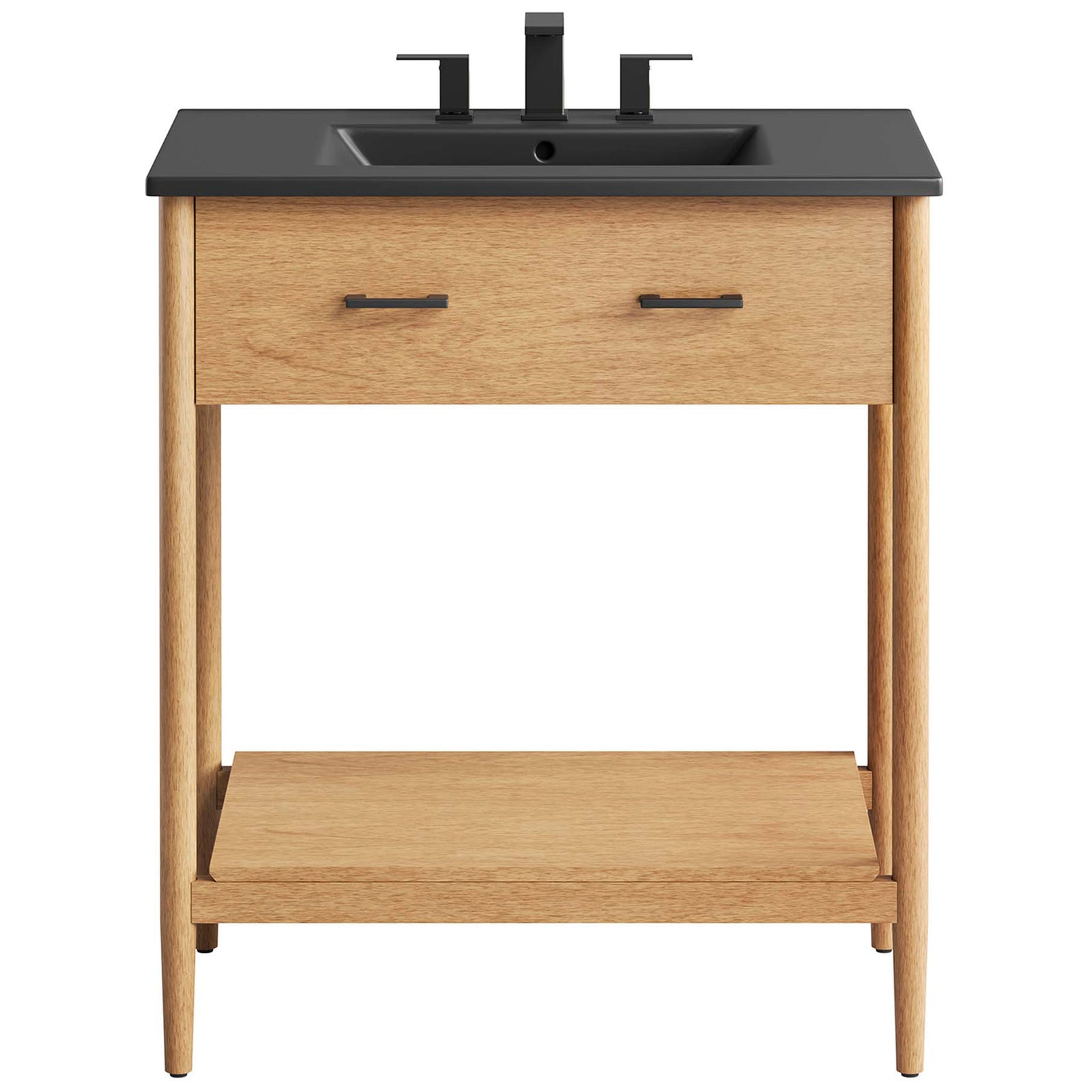 Crisp modern vanity with black basin and metal handles over a full-width drawer and shelf || EEI-6663-NAT-BLK || front_studio